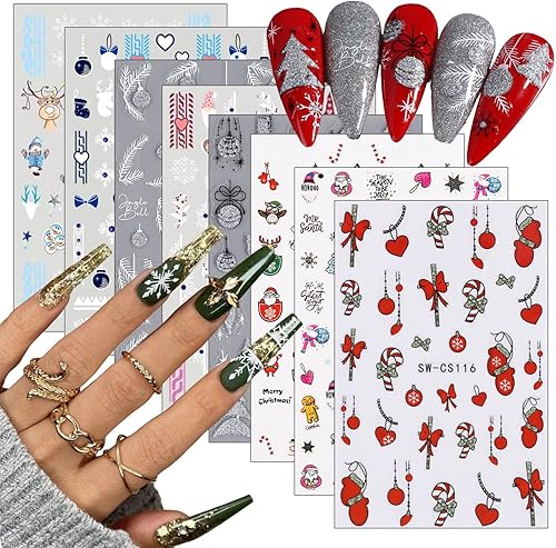 Calcomanías de arte de uñas de dibujos animados de Navidad, 3D, autoadhesivas, para invierno, Papá Noel, Christmastree, diseño de uñas, lindo alce,