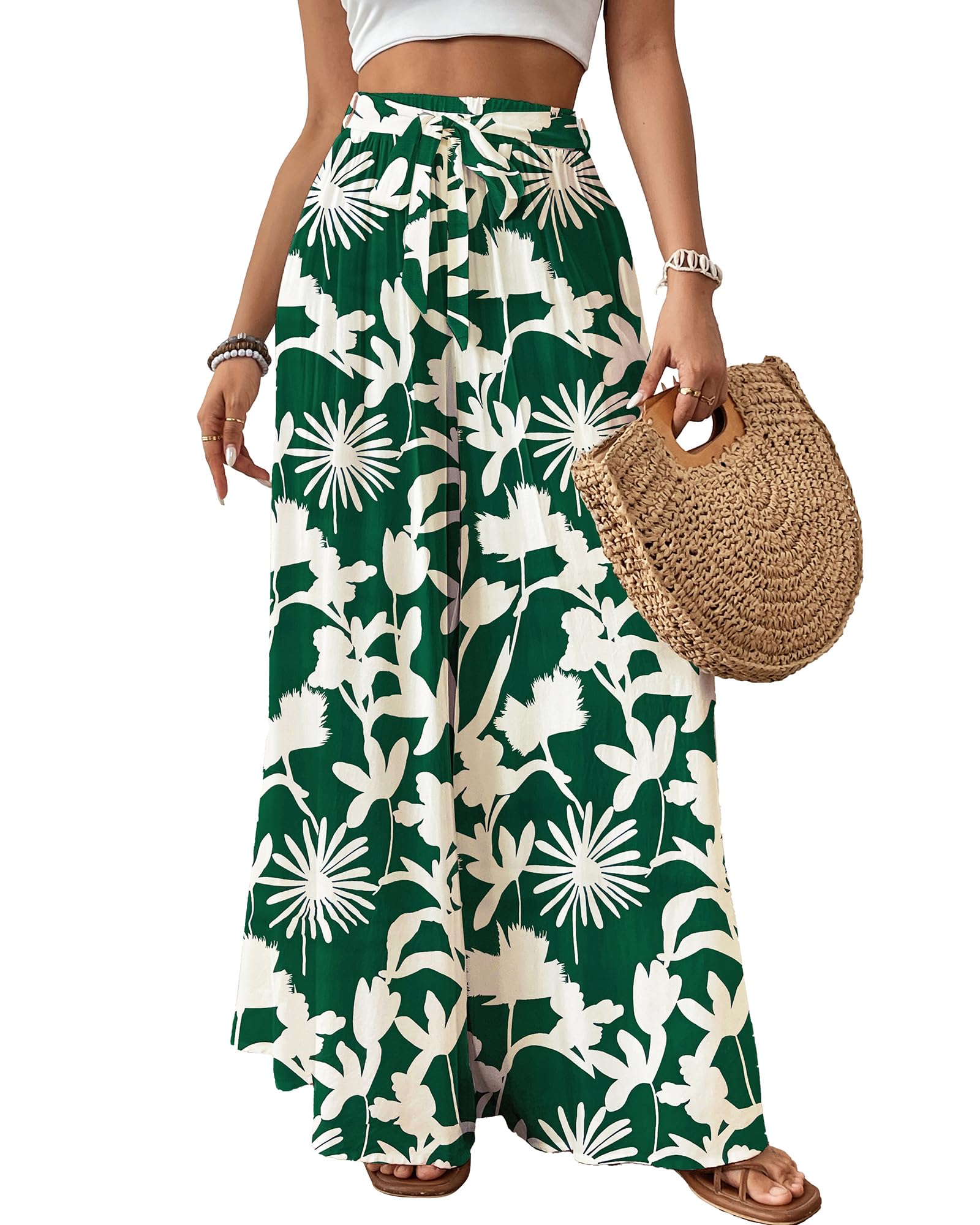 Bsubseach Wide Leg Pants Woman Flowy Floral Palazzo Pants for Women High Waisted Summer Casual Trousers Cruise Outfits