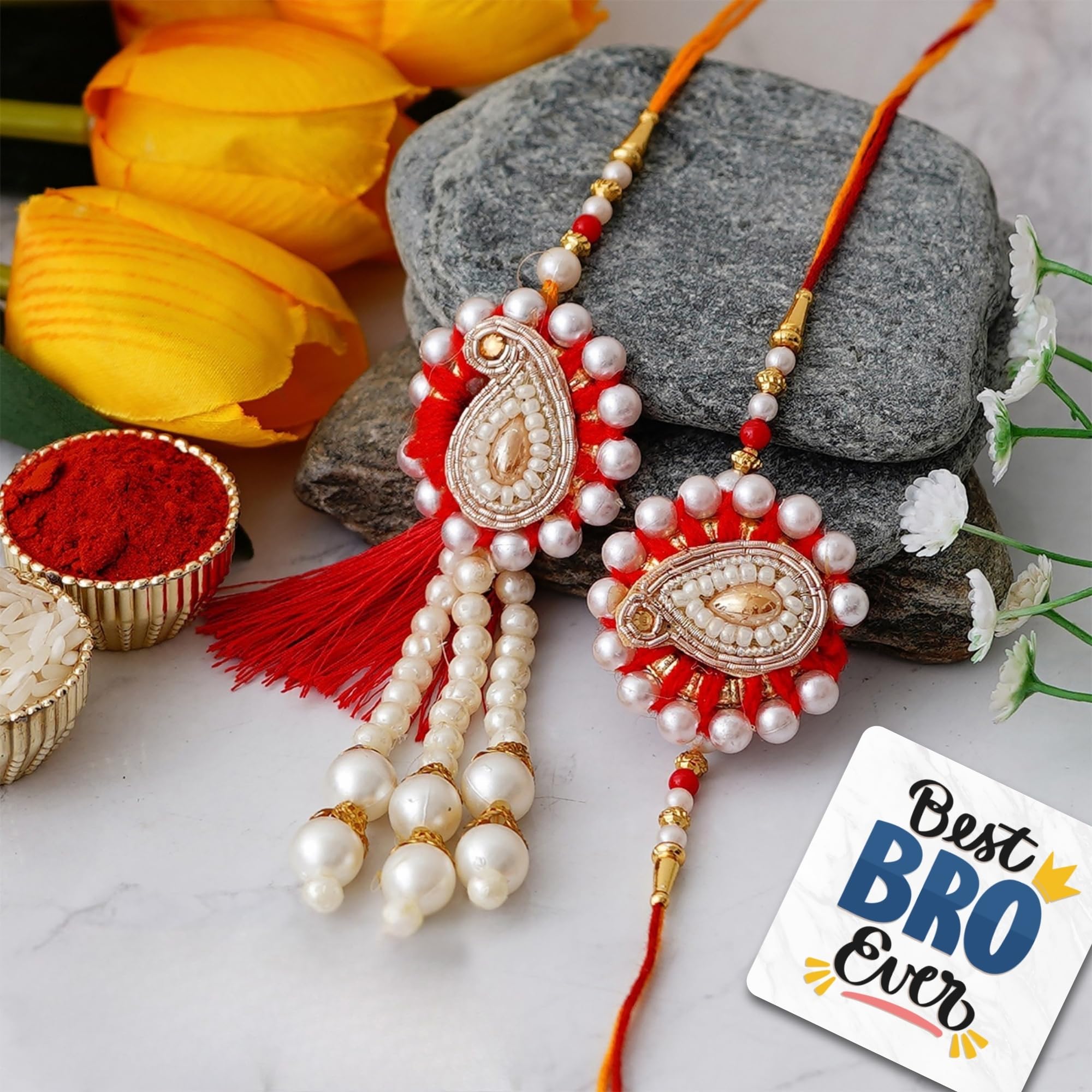 eCraftIndia Red & White Designer Bhaiya Bhabhi Rakhis, Best Bro Ever Fridge Magnet with Roli Chawal Pack - Rakhi for Brother, Bhaiya, Bhai-image-18