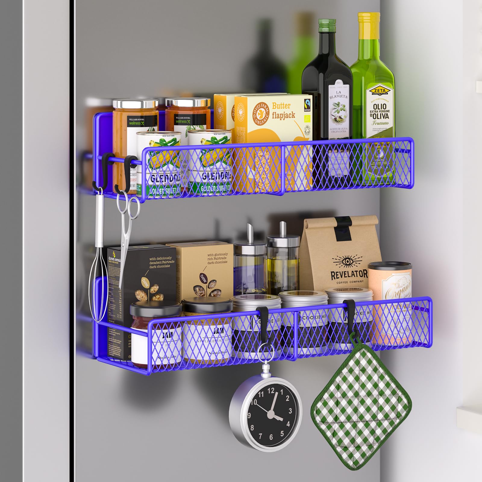 Magnetic Spice Rack for Refrigerator, 2 Pack 100% Metal Strong Magnet Shelf, Space Saving Spice Organizer W/Hooks, Movable Magnetic Fridge Shelf, Kitchen Home Laundry Storage Organization,Purple Blue