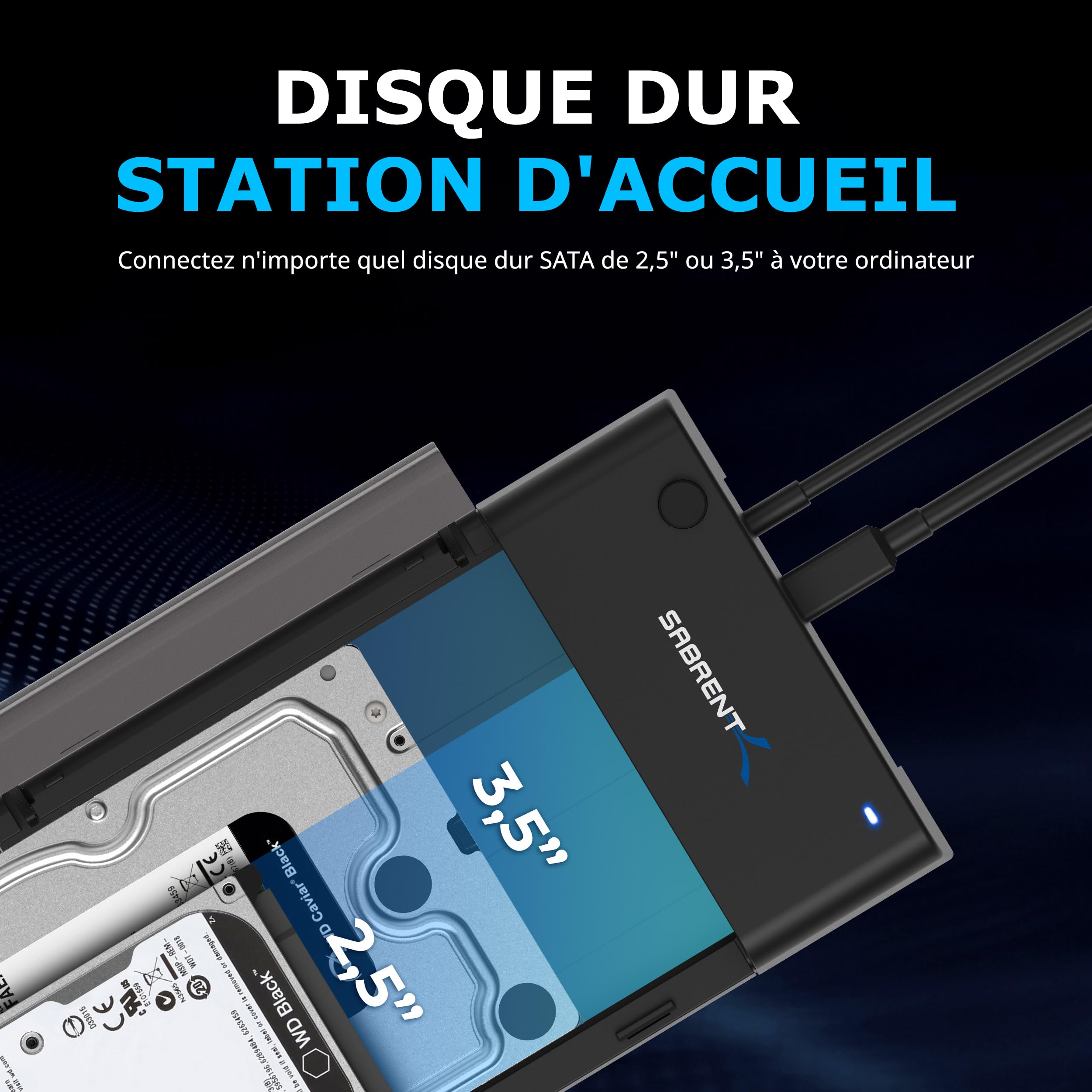 SABRENT Boitier Disque Dur 3.5, Rapide 5Gbps Boitier SSD Externe 2.5"/3.5", Adaptateur SATA USB pour SSD/HDD, Lecteur Disque Dur, sans Outils UASP, câble USB Inclus avec Alimentation (EC-DFLT)