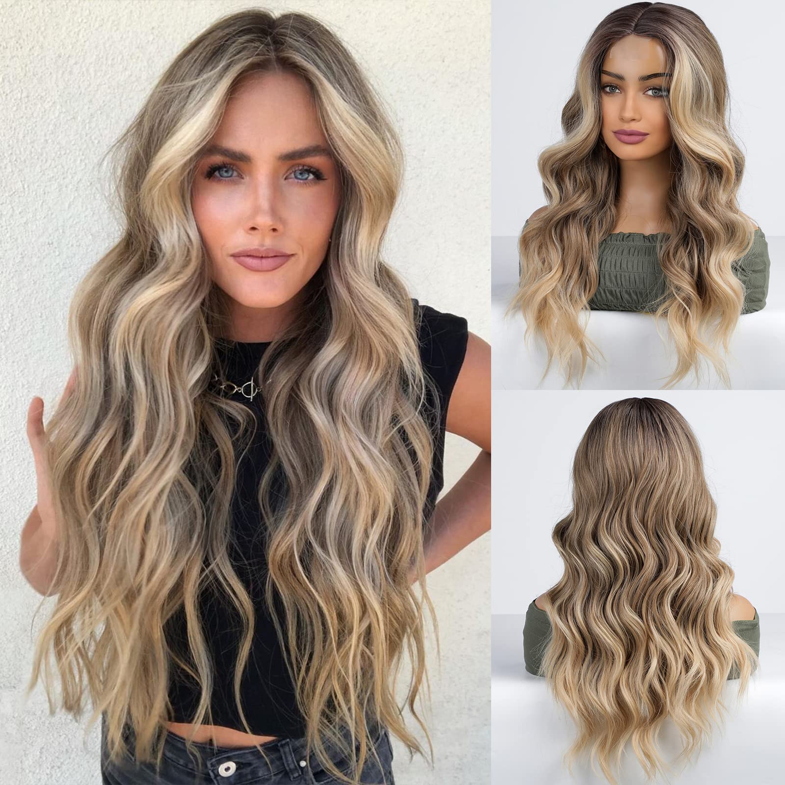 HAIRCUBE Long Blonde Wavy Wigs for Women Ombre Blonde Mix Brown