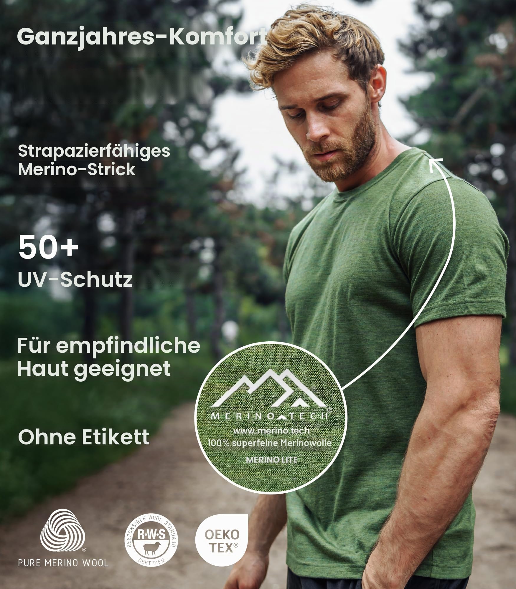 Merino.tech Merinowolle T-Shirt Herren - 100% Bio-Merinowolle Unterhemd Leichte Basisschicht + Wanderwollsocken (Emerald Green, XX-Large)