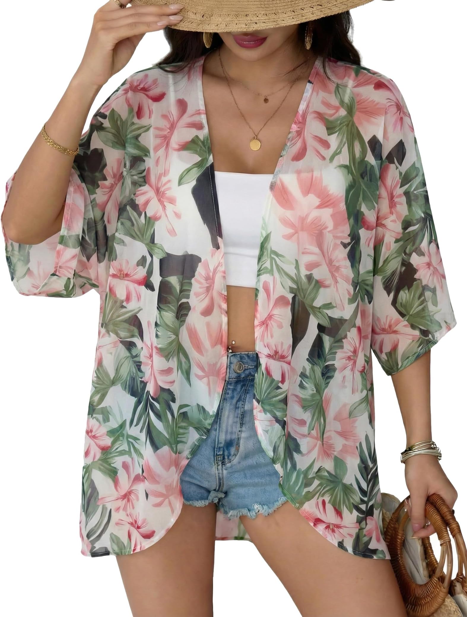 Women Floral Beach Wear Cover Up Chiffon Kimono Cardigan Open Front Blouse Top