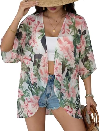 Chunoy Women Short Sleeve Chiffon Kimono Beach Swimsuit Cover Up