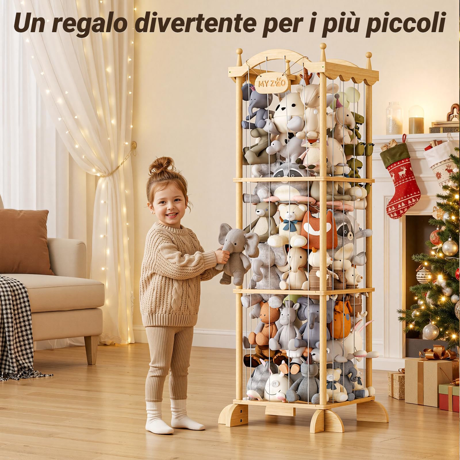 COSYLAND Organizer Peluche per Bambini, Salvaspazio, 141 x 55 x 49 cm | Corde elastiche per prendere e riporre i peluche, struttura verticale salvaspazio