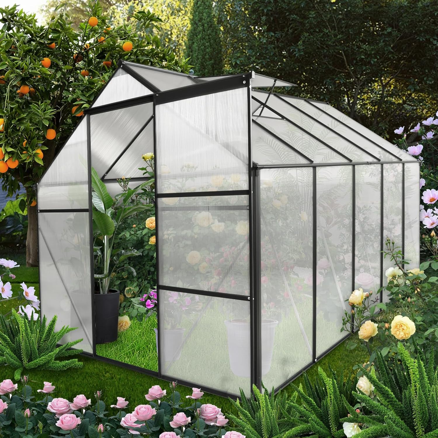 6x10 FT Polycarbonate Greenhouse with Sliding Door and Adjustable Roof, Heavy Duty Aluminum Walk-in Greenhouses w/ Raised Base for Outdoor Garden Backyard,Black