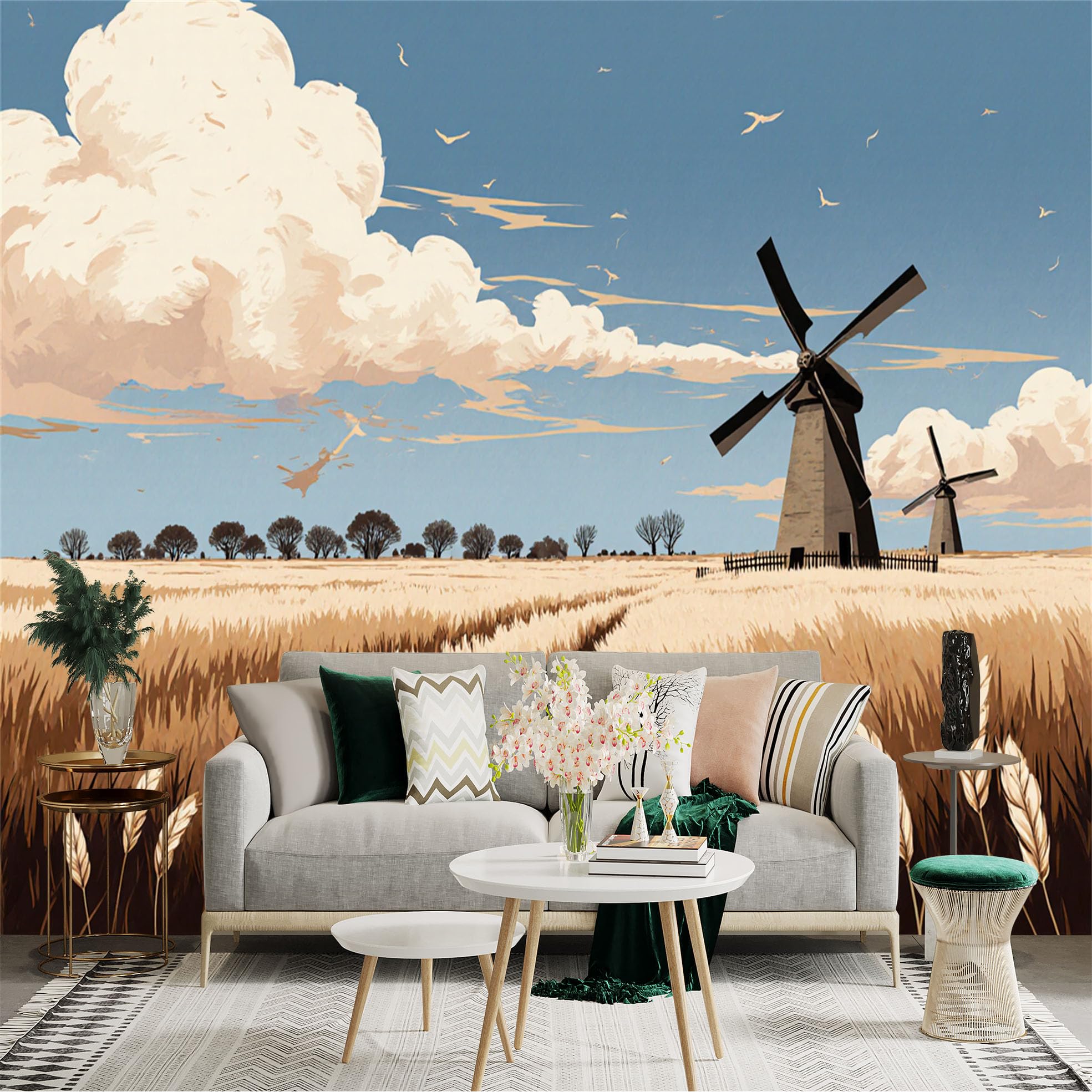 Custom Size Wall Sticker Mural， Windmill and Wheat Field Landscape with Blue Sky and Clouds， for wall Decoration， peelandstick wall Decals.