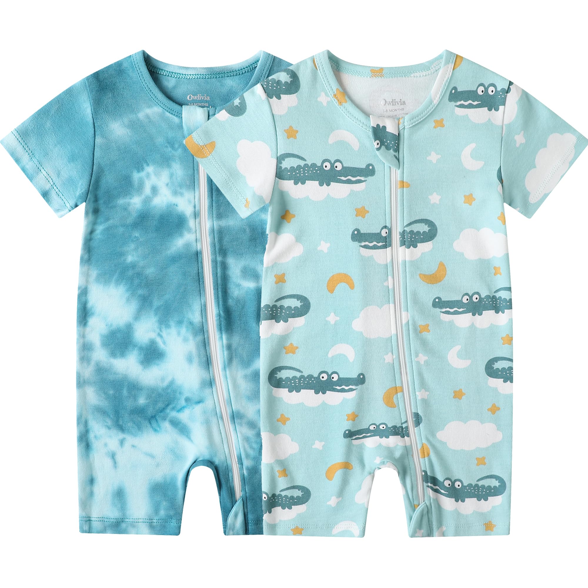 Owlivia Baby Short Sleeve Summer Romper Set, 2 Pack Tank Jumpsuit for Girls and Boys, Cartoon One Piece Coverall Outfit