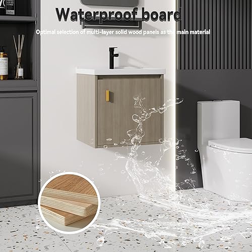 Miniatura 6 de Tocador de baño pequeño de 20 pulgadas montado en la pared, pequeño tocador de baño con fregadero de cerámica, tocador de baño moderno con cajones