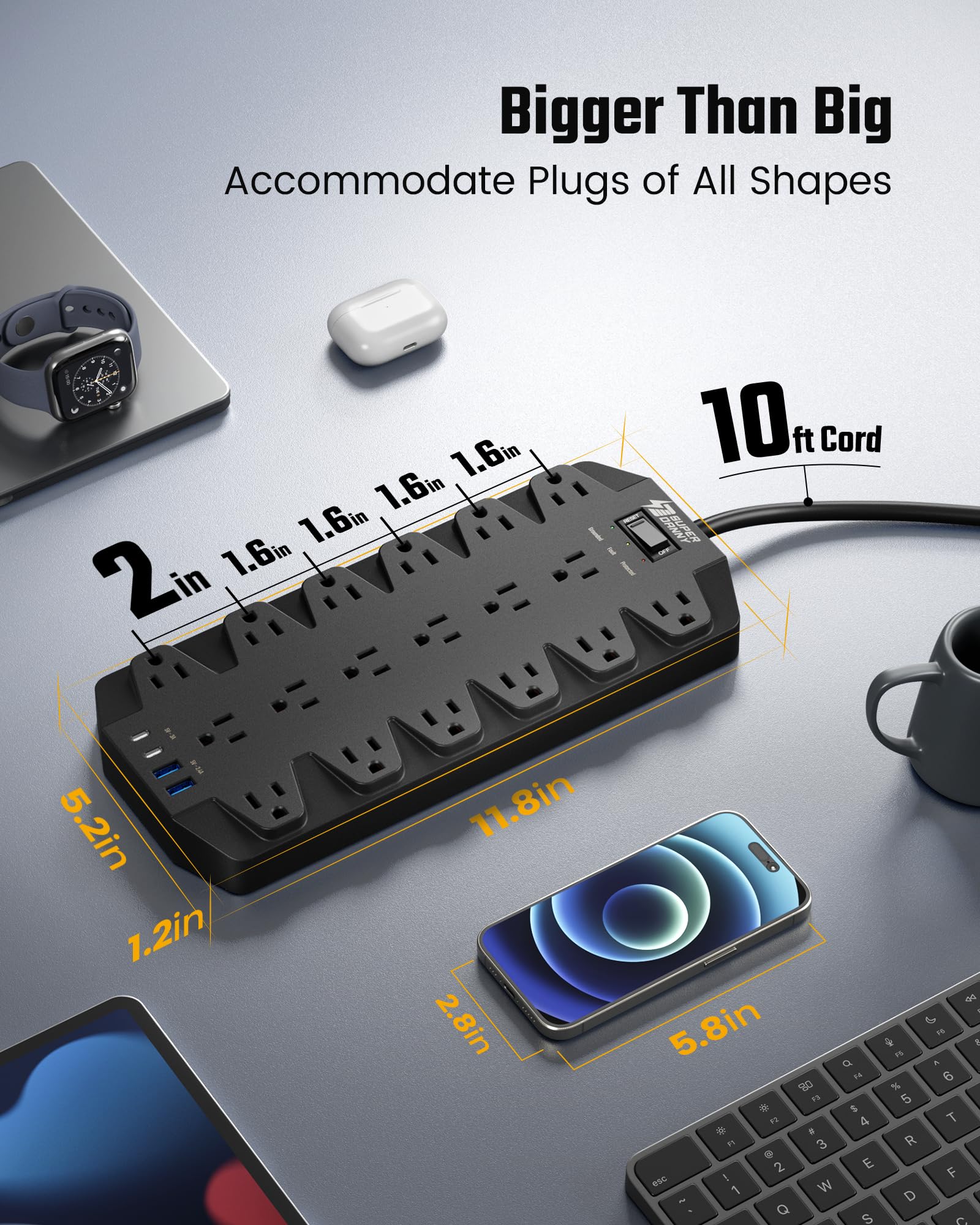 Superdanny - Tiras de alimentación con protección contra sobretensiones de 10 pies, 18 salidas de CA y 4 puertos USB, cable de extensión de enchufe plano, 1875 W/15 A, 2100 julios para el hogar,