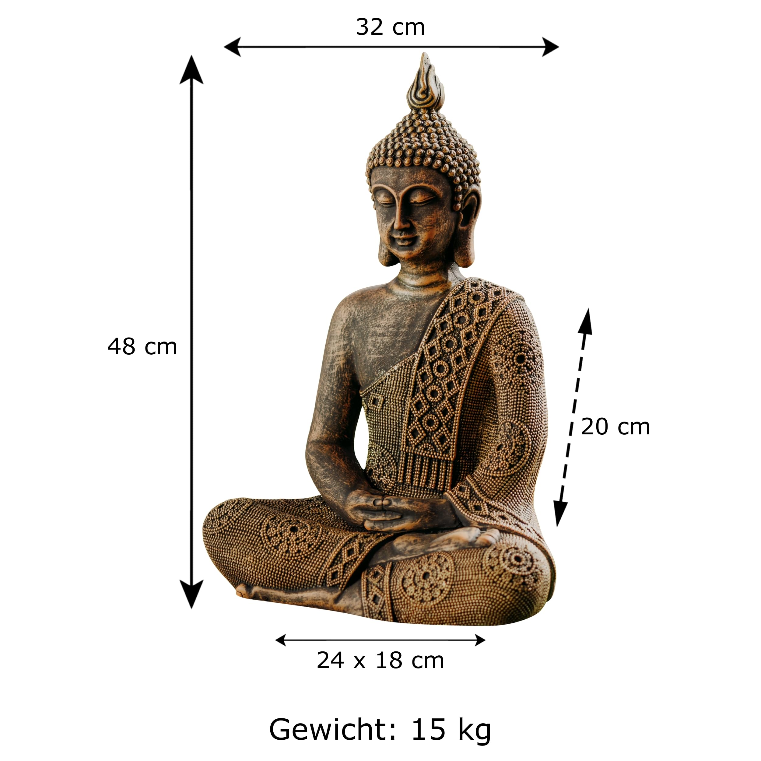 gartendekoparadies.de Tajska figurka Buddy do ogrodu, odlew kamienny, wysokość 49 cm, 16 kg, złoty/ekskluzywny, odporny na mróz