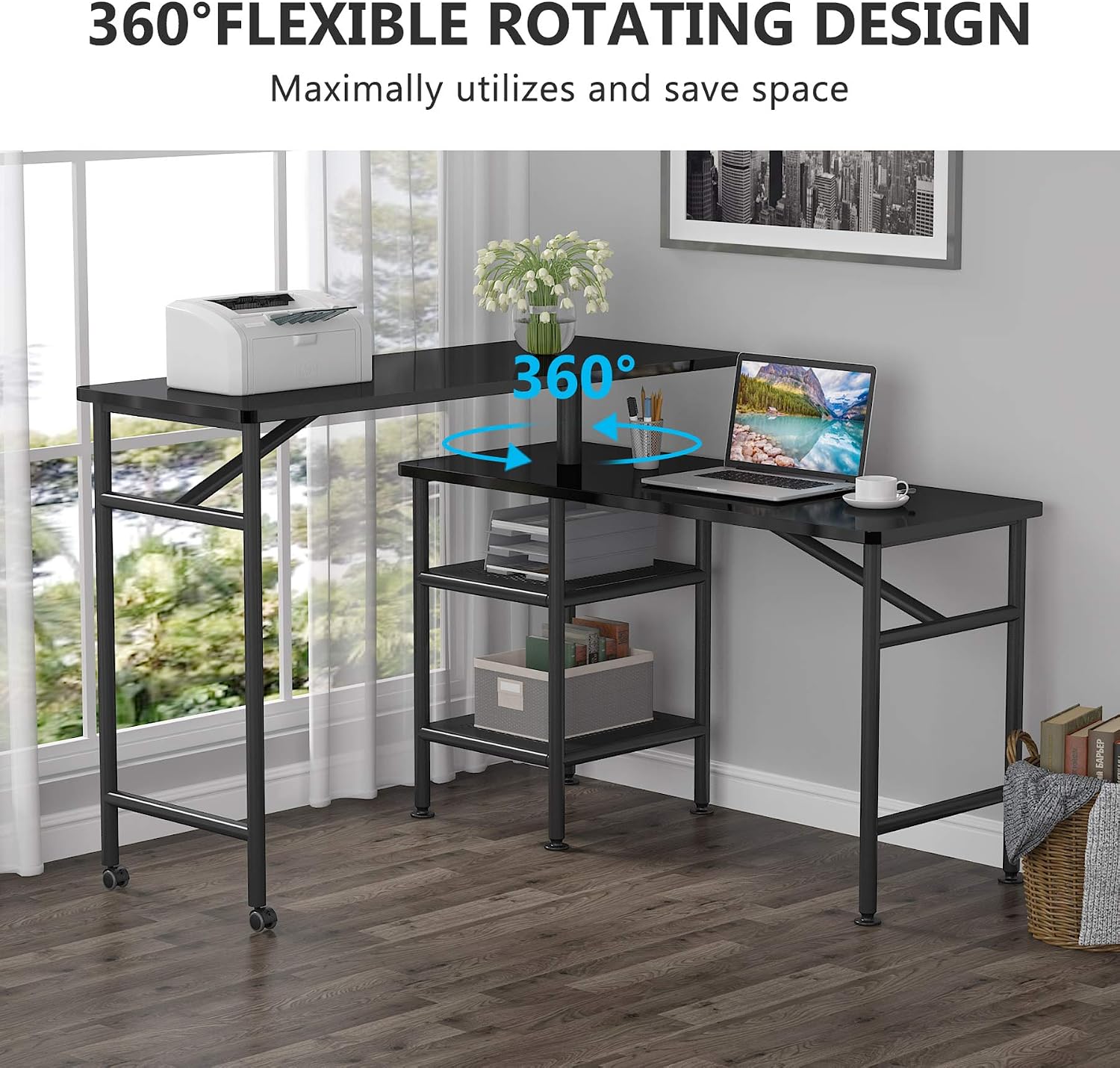 Tribesigns L Shaped Rotating Standing Desk, Industrial 360 Degrees Free Rotating Corner Computer Desk with Storage Shelf, Reversible Rustic Office Desk with Wood Veneer (Glossy Black)