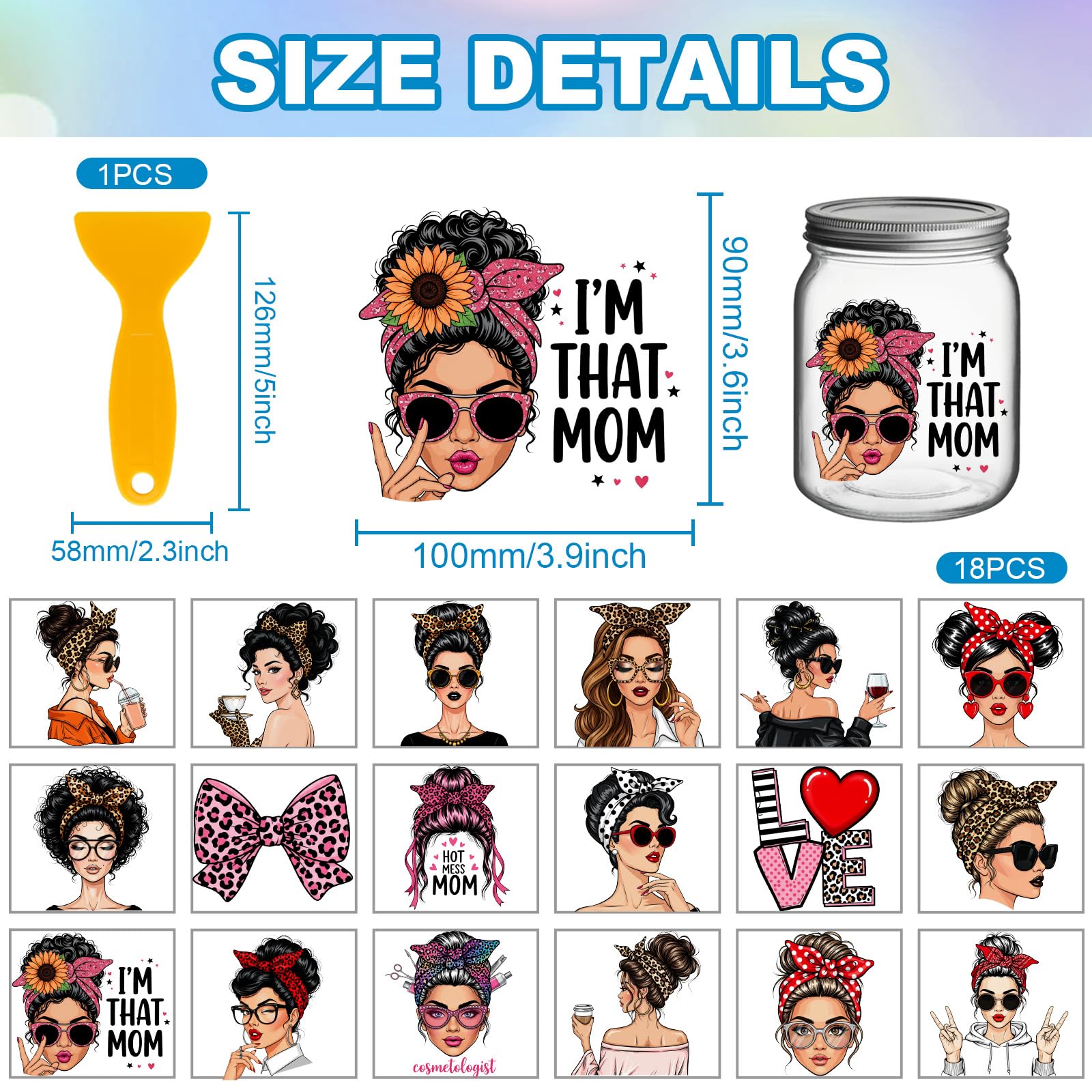GLOBLELAND 18 Sheets Fashionable Women Rub on Transfers Sticker for Vase 3.9x3.6inch Spotted Bows UV DTF Cup Wraps Decals Colorful Glasses Mom Transfer Stickers for Furniture Glass Bottle Decors - Image 2