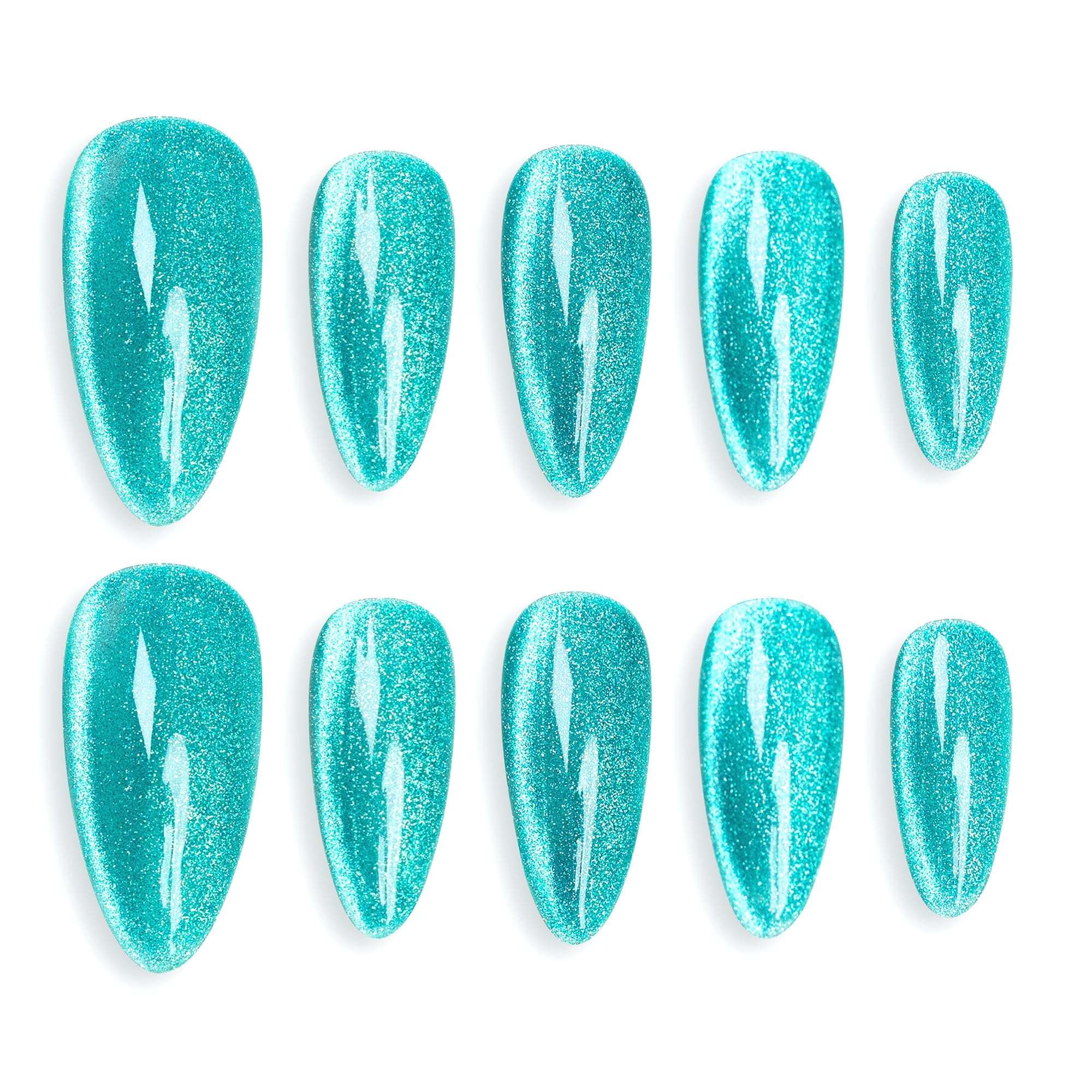 Sun&Beam Nails Handmade Press-on Medium Long Almond Nile Blue Cat Eye Design Charming False Nail Tips 10 Pcs (#119 S)
