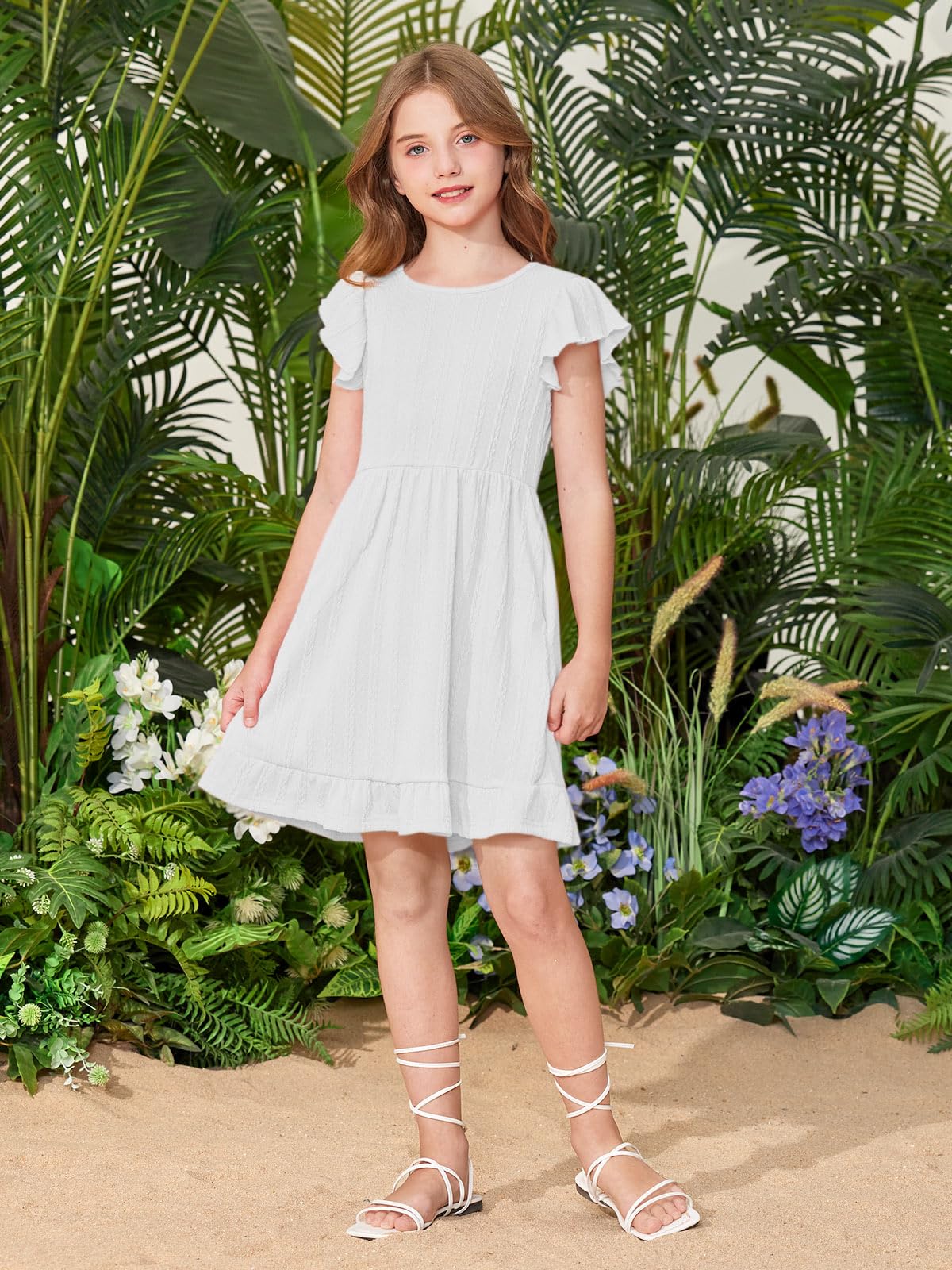 BesserBay Vestito estivo da bambina con volant midi per il ritorno a scuola manica svolazzante casual elastico in vita prendisole con tasche 5-14 anni
