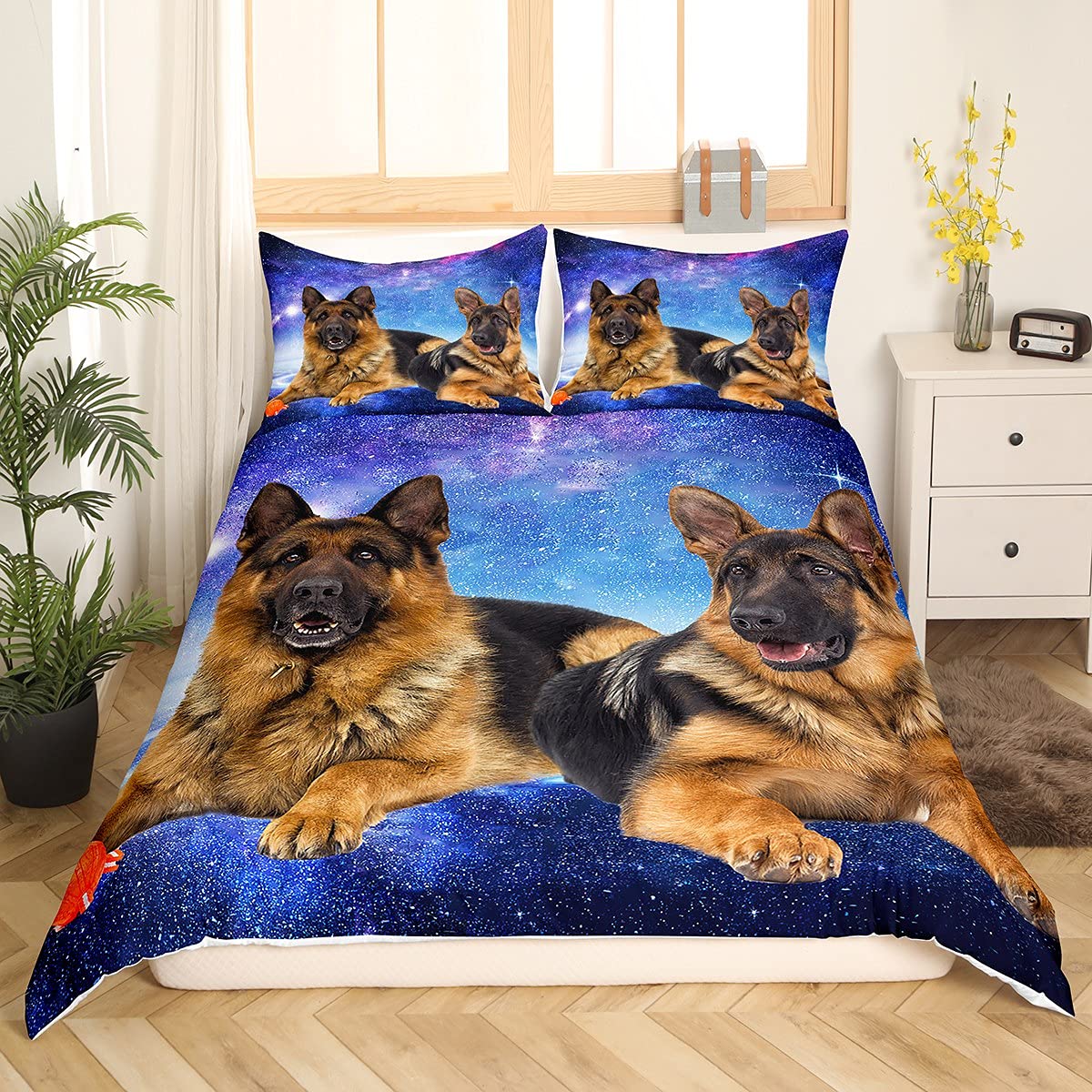 Cane Galaxy Copripiumino 3D Pastore Tedesco stampato Cane Parure da letto 200 x 200 cm Chic Blu Viola Cielo stellato per ragazzi Ragazze Adolescenti Carino Pet Cucciolo Animale Set copripiumino