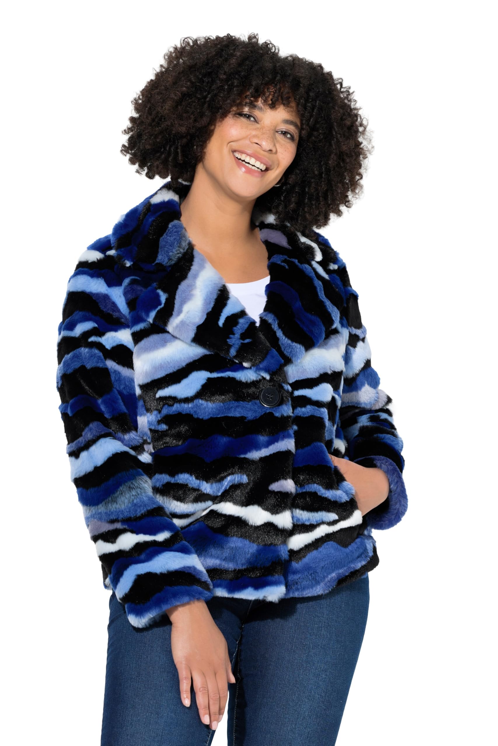 Angel of Style Damen große Größen Übergrößen Plus Size Plüschjacke, Straight Fit, offene Form, farbiges Muster 834929
