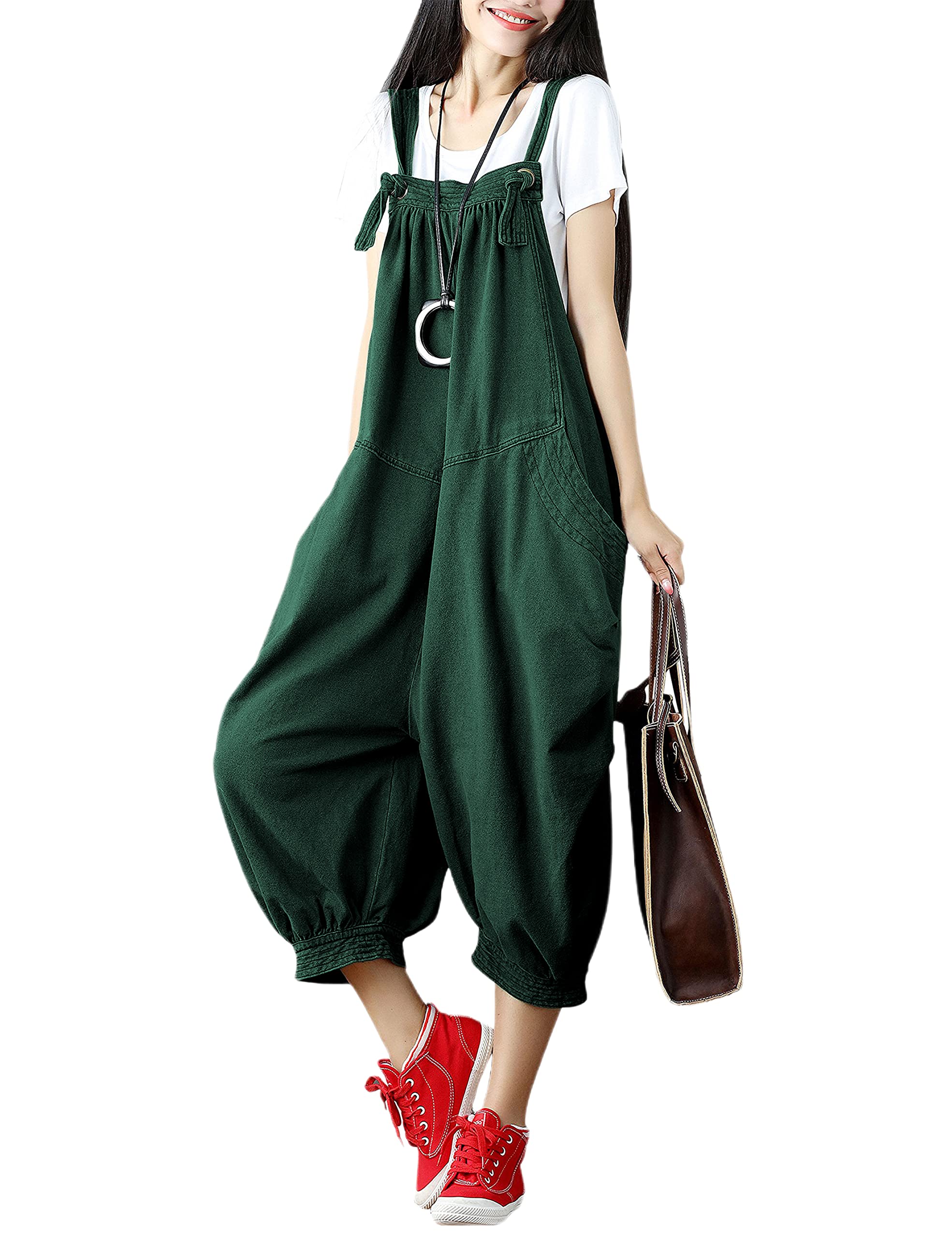 Women's Baggy Denim Overalls Vintage Floral Print Casaul Jumpsuits Big Pockets Wide Leg Drop Crotch Adjustable Straps