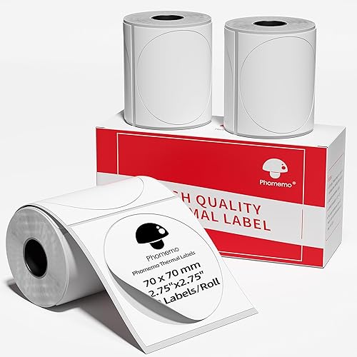 Memoqueen Etiquetas térmicas circulares para etiquetadoras Phomemo M221M220M200, 2.75 pulgadas (2.756 in), etiqueta térmica redonda para
