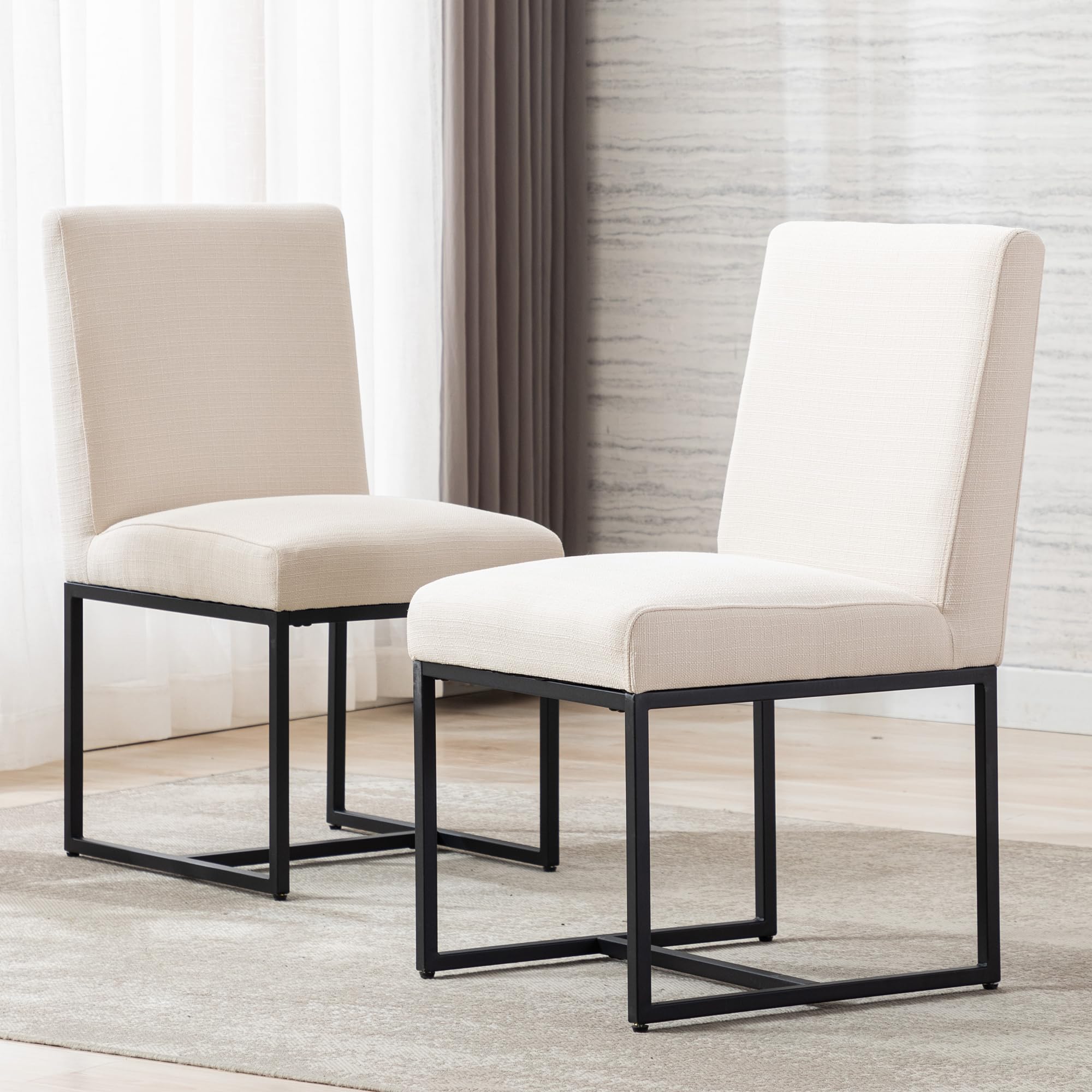 BESTANO Modern Dining Chairs Set of 2, Linen Fabric Upholstered Kitchen & Dining Room Chairs with Black Metal Frame Armless Mid Century Side Kitchen