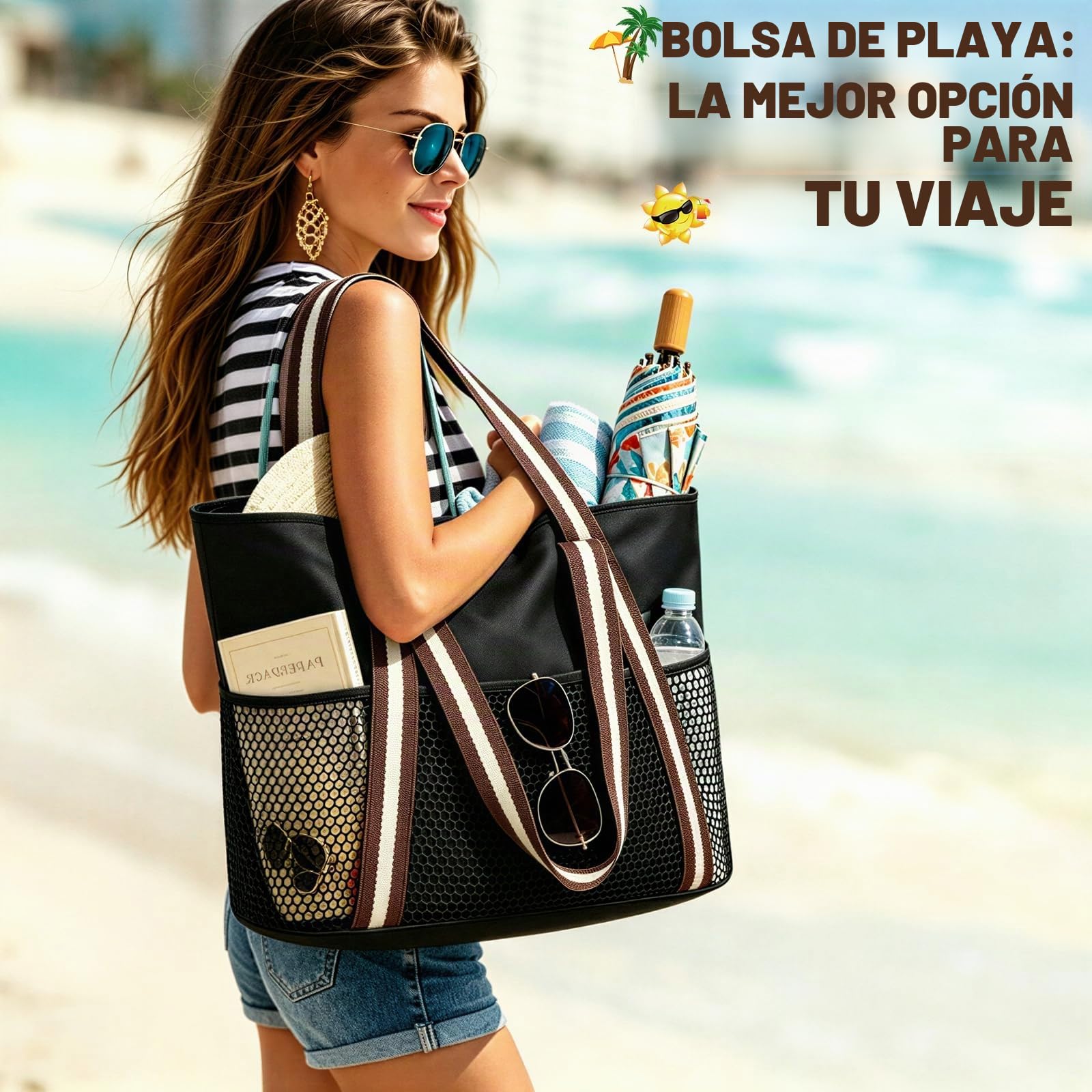 Bolsa de playa para mujer, bolsa de playa con cremallera, bolsa de playa grande XXL, bolsa de transporte para familia, bolsa impermeable para piscina, bolsa de playa plegable