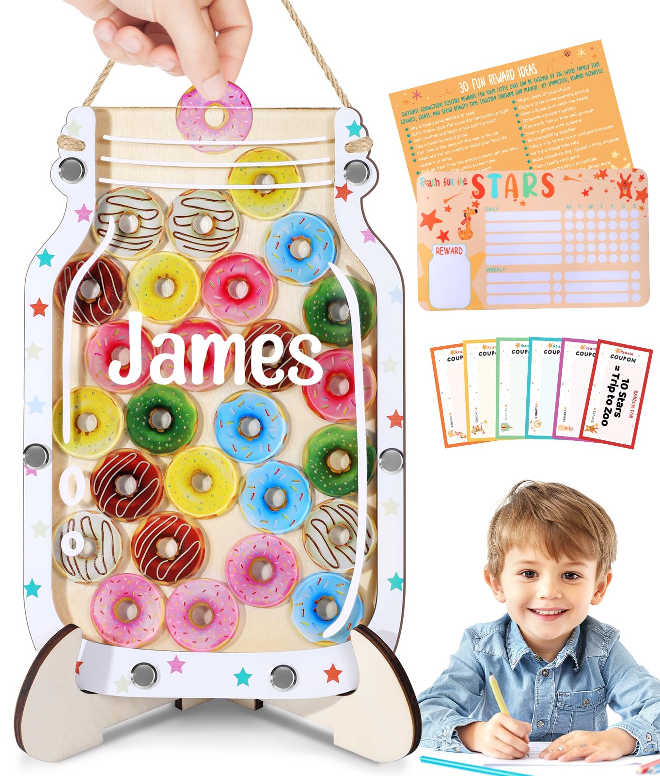 Swooflia Reward Jar Magnetic Star Jar for Kids - Home Donut Custom Star Jar Reward System with Magnetic Chart Classroom, Positive Behavior Potty