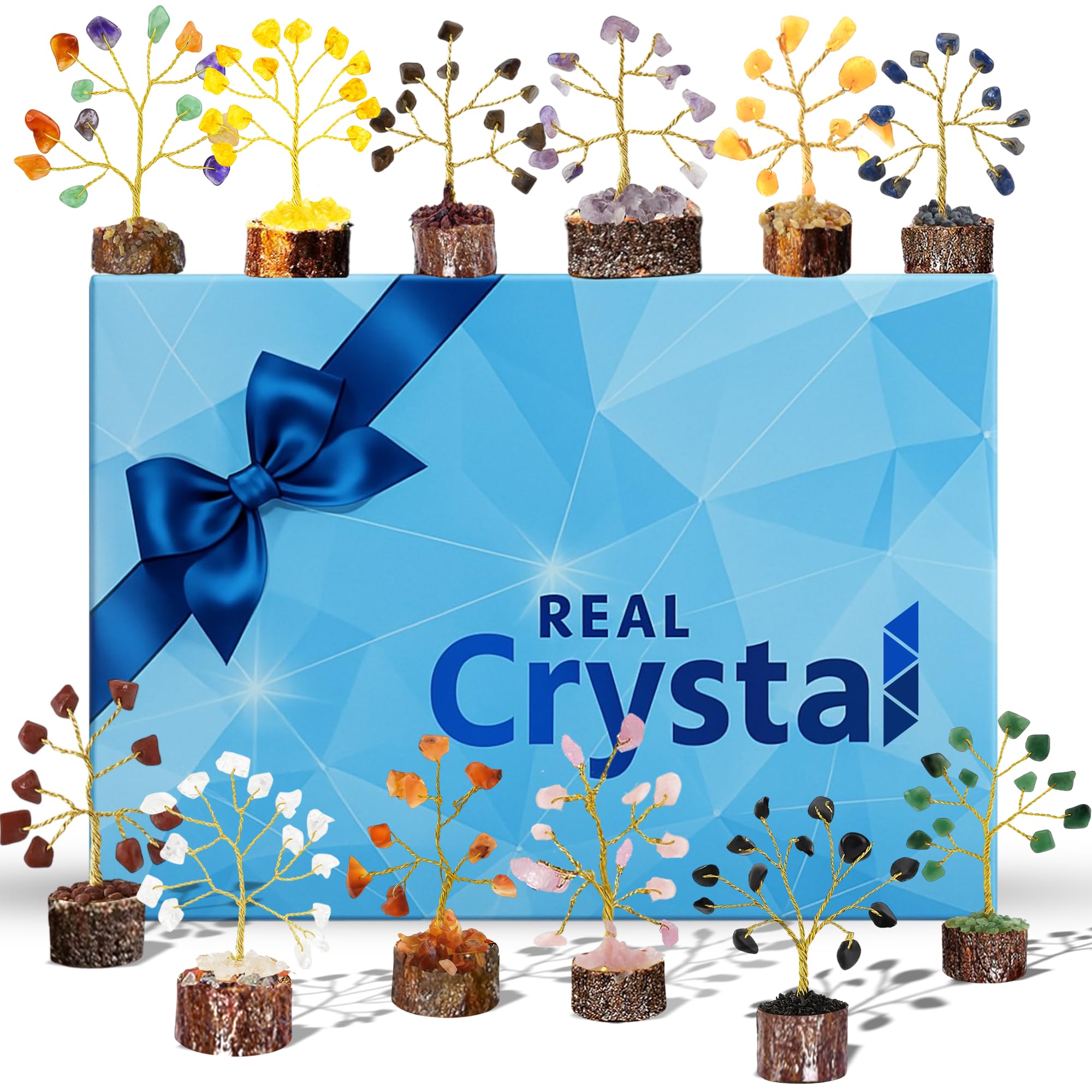 Crystal Tree Set of 12 Unique Birthday Gifts for Women, Sister, Mom, Home Office Decor, Shelf Desk Decoration for Positive Energy, Bring Good Luck, Money, Reiki Healing, Chakra Tree of Life Gift Sets