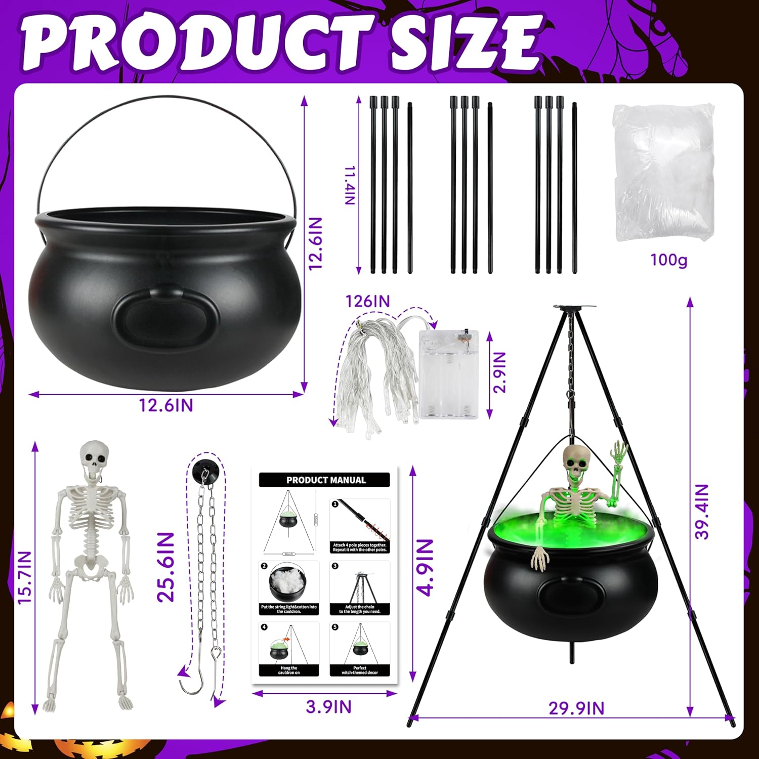 Halloween Decorations Outdoor, 12.6” Large Witches Cauldron Kettle on Tripod with Skeleton, LED Lights, Black Plastic Cauldron Candy Bowl Bucket Decoration for Yard Home Porch Outside Decor