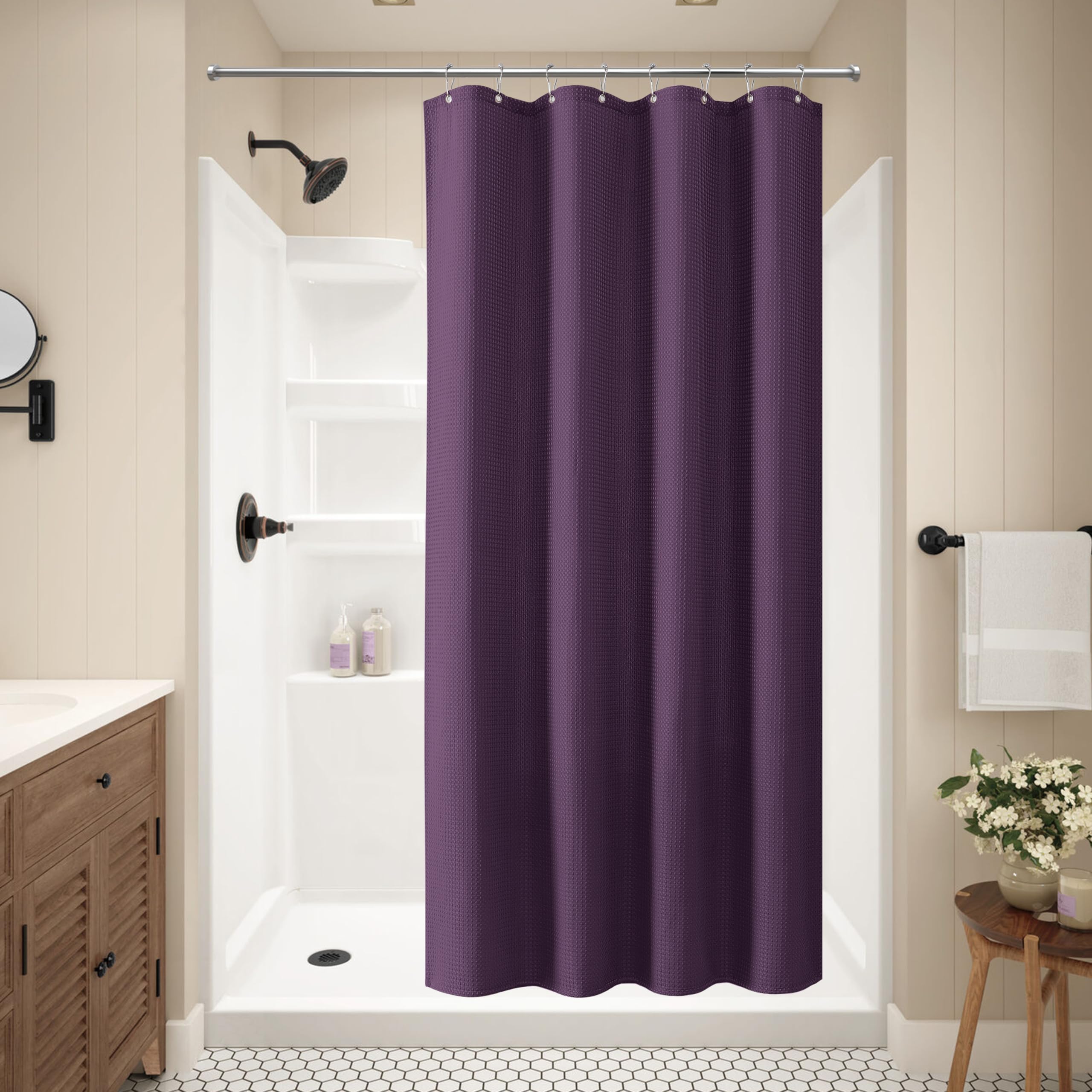 VANZAVANZU Shower Curtain for Bathroom with Metal Hooks Waffle Fabric Shower Curtain Heavy Duty Bath Curtain for Wet Room Bathtub Shower Stall Weighted Hem - Image 2