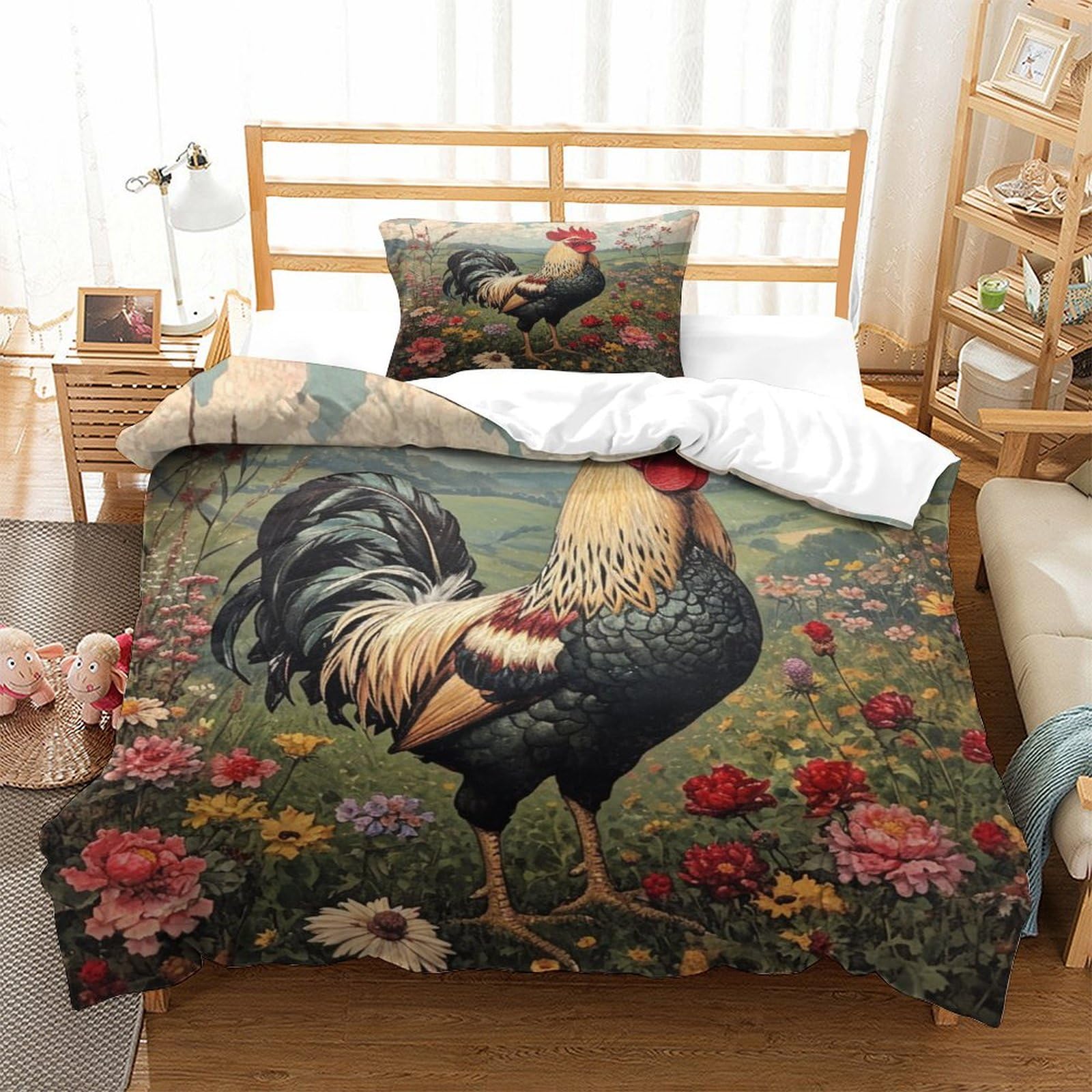 P1s9u7w5y Gallic Rooster-1 3D Printed Rustic Rooster Duvet Cover Set 3Pcs Microfiber Floral Bedding Set Single（135X200cm）