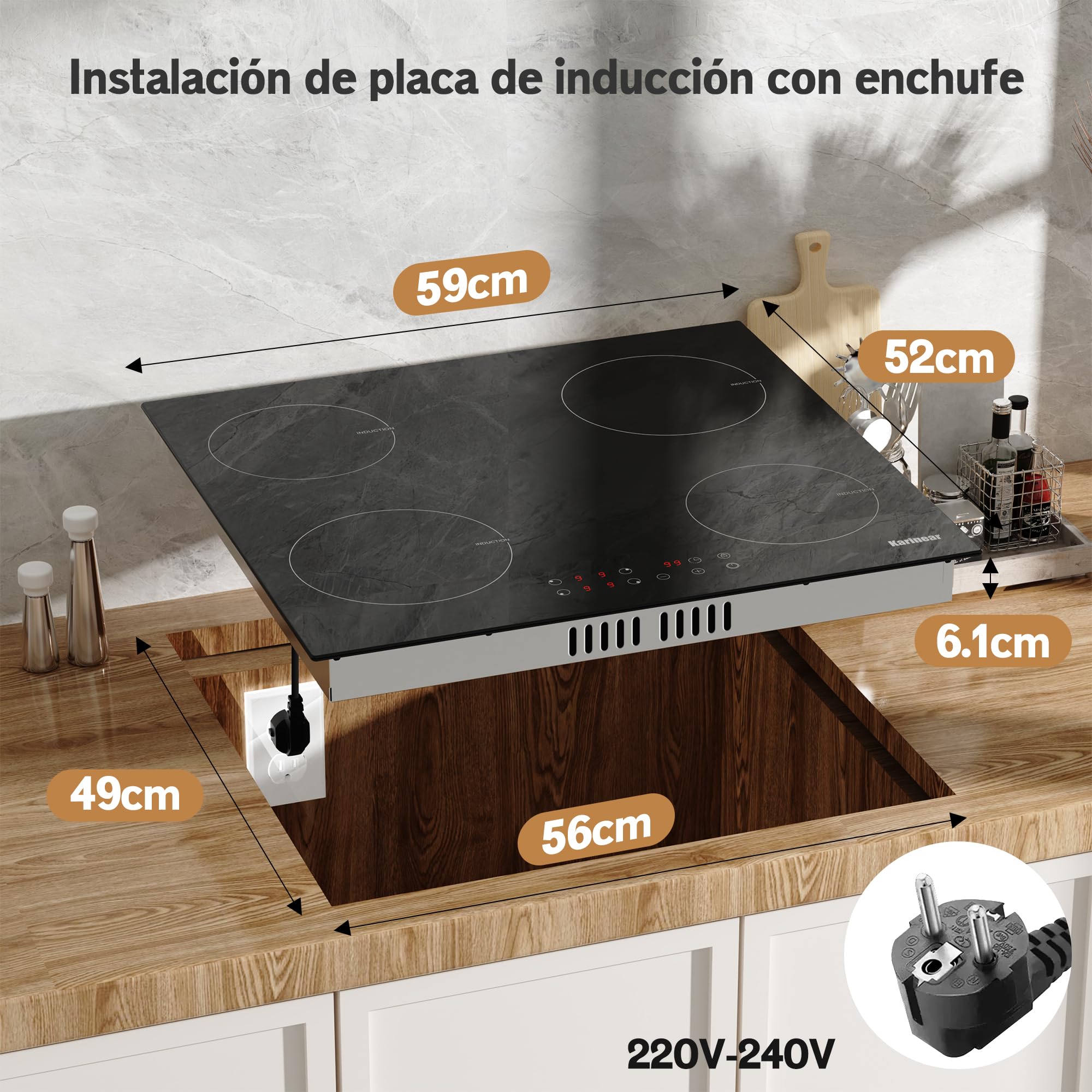 Karinear Placa de Induccion 4 Fuegos 60 CM con Enchufe, Inducción 3500 W