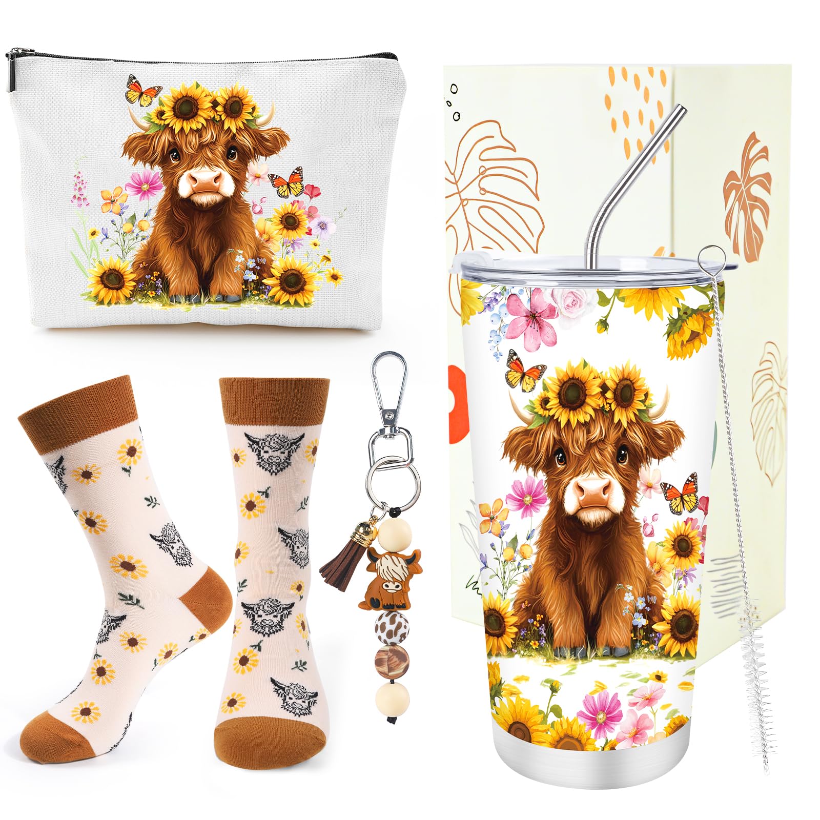 Luvart Highland Cow Gifts for Women - 4Pcs Highland Cow Gift Set, 20oz Travel Mug with Lid Straw, Sunflower Cattle Makeup Bag Keyring Socks for Scottish Cattle Lovers Birthday Christmas Presents