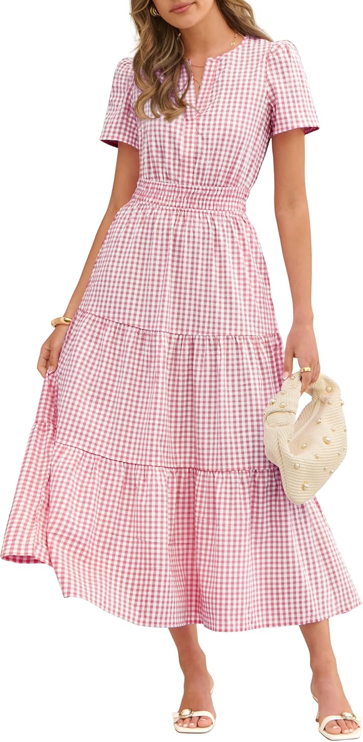 Caracilia Womens Summer Maxi Dresses 2026 Spring Casual V Neck Short Sleeve Gingham Flowy A-Line Beach Vacation Party Dress