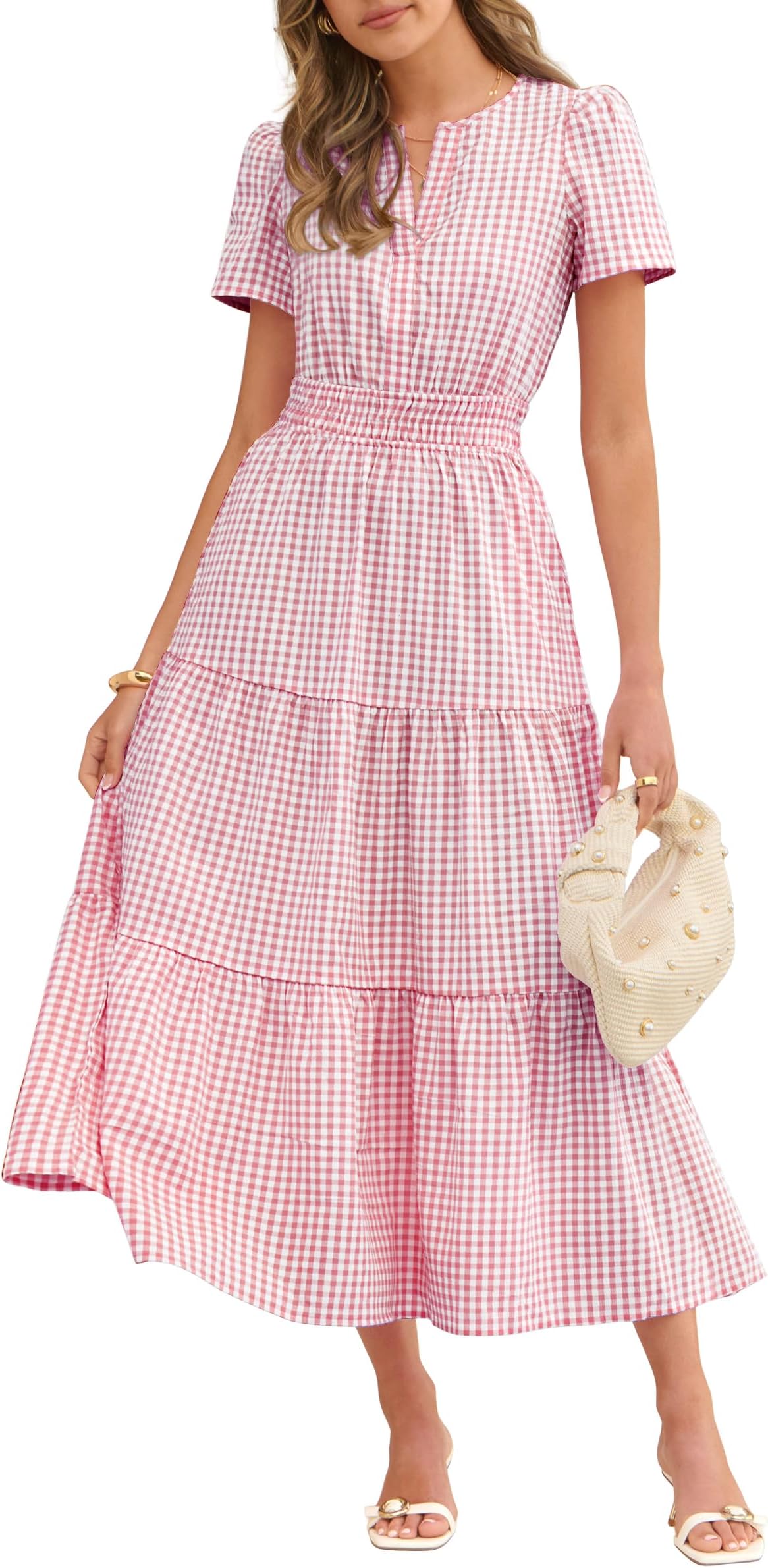 Womens Summer Maxi Dresses 2026 Spring Casual V Neck Short Sleeve Gingham Flowy A-Line Beach Vacation Party Dress