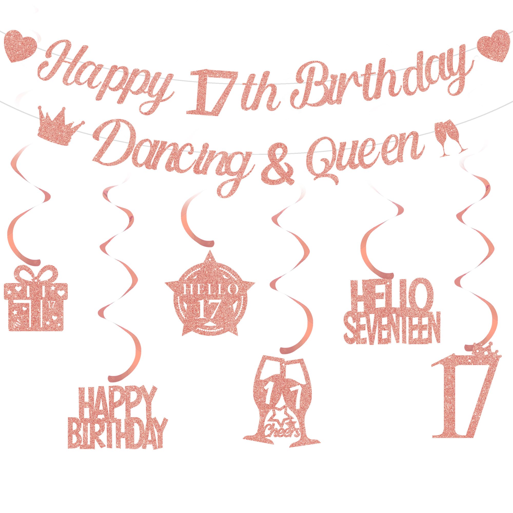 Happy 17th Birthday Banner Decorations - Rose Gold Glitter Dancing Queen Banners Party Supplies for Her Girls, Hello 17 Gift Box Garland Birthday Banner Set for 17 Years Old Party Decor โ image 1