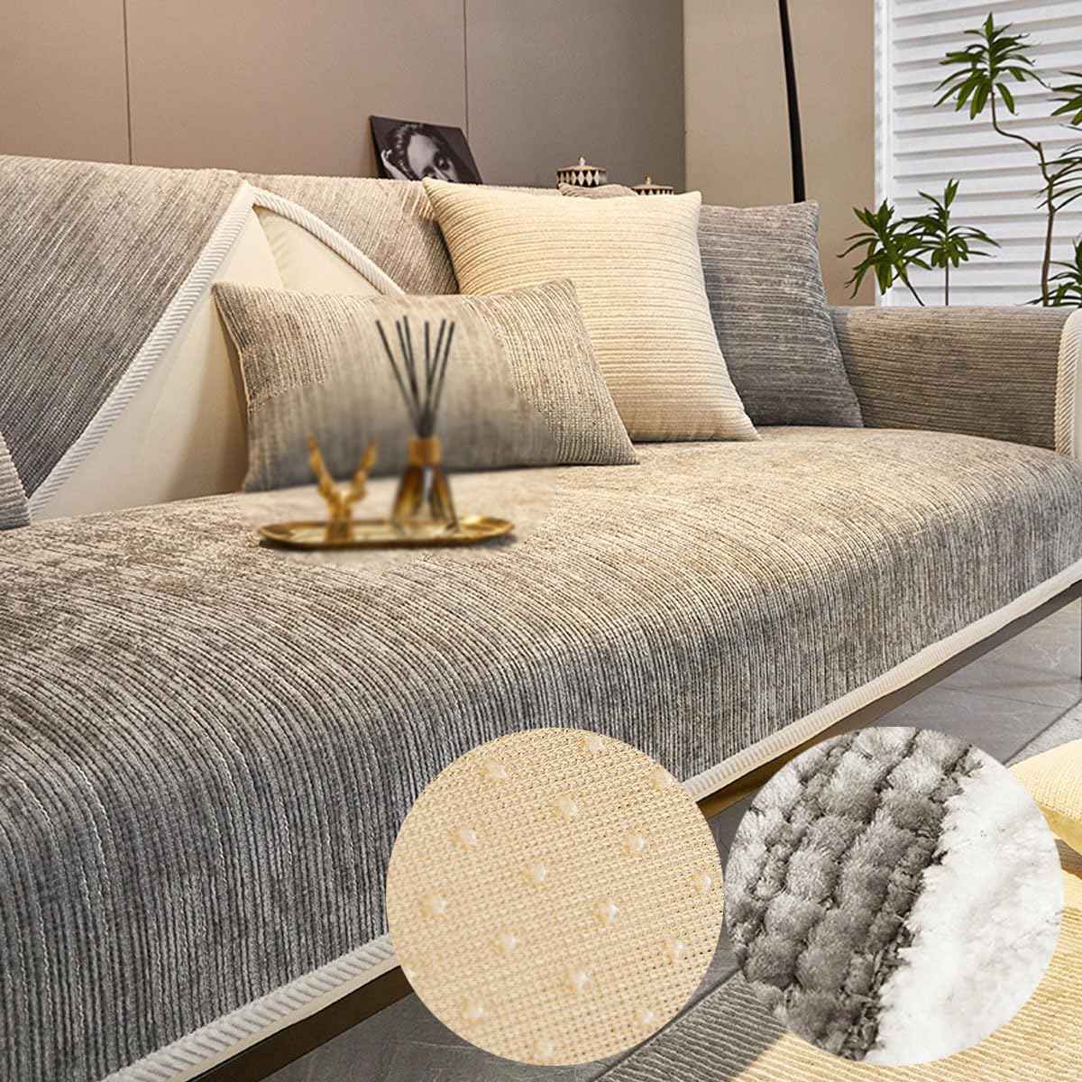 Docxide Light/Grey Simple Striped Chenille Anti-Scratch Couch Cover, Funnyfuzzy Sectional Sofa Cover, Funny Fuzzy Herringbone Chenille Fabric Sofa Cover, Chenille Couch Cover (90 * 160Cm/35.4 * 63In, Grey)