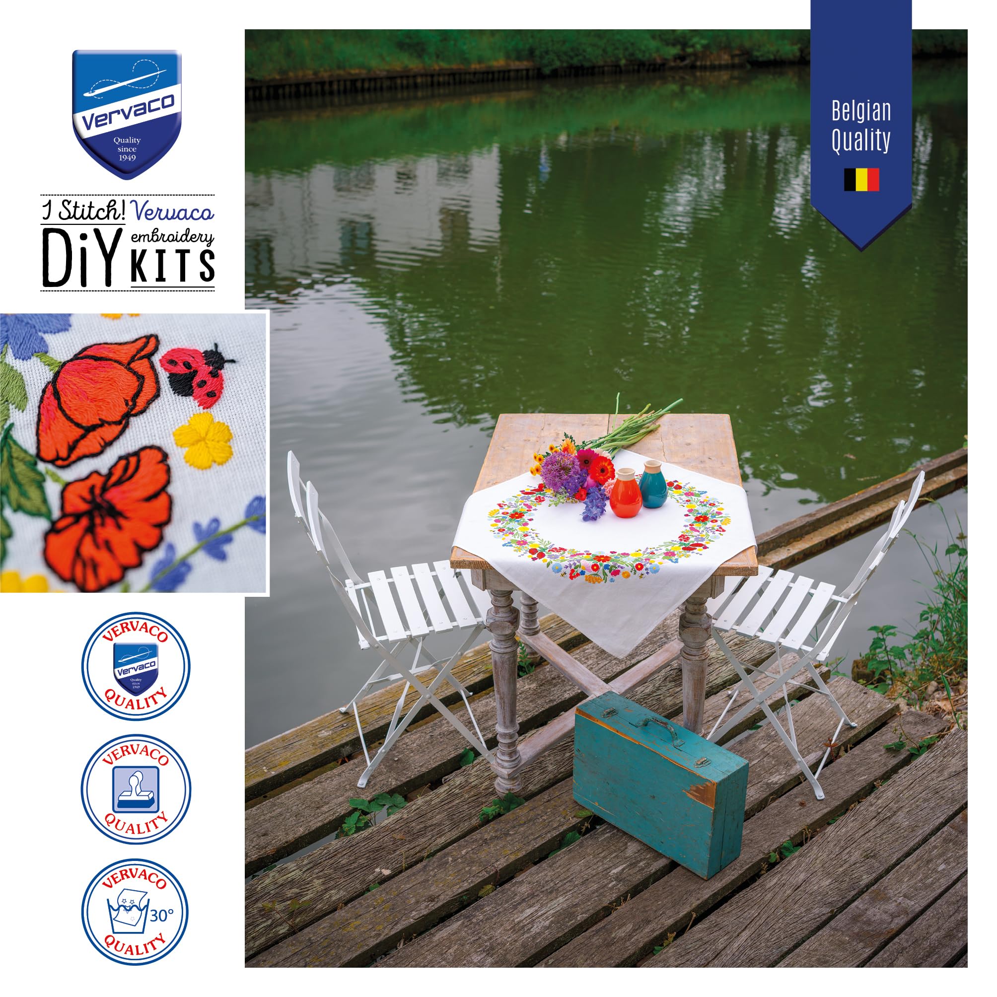 VERVACO Zestaw do Haftu Obrusu z Nadrukiem Zestaw do Haftu Obrusu Haft Płaski KOLOROWY ŚWIAT KWIATÓW Zestaw Kreatywny dla Dorosłych 72 x 72 cm DIY Dekoracja Stołu ze Zmywalnym Wzorem Emrboidery Kit
