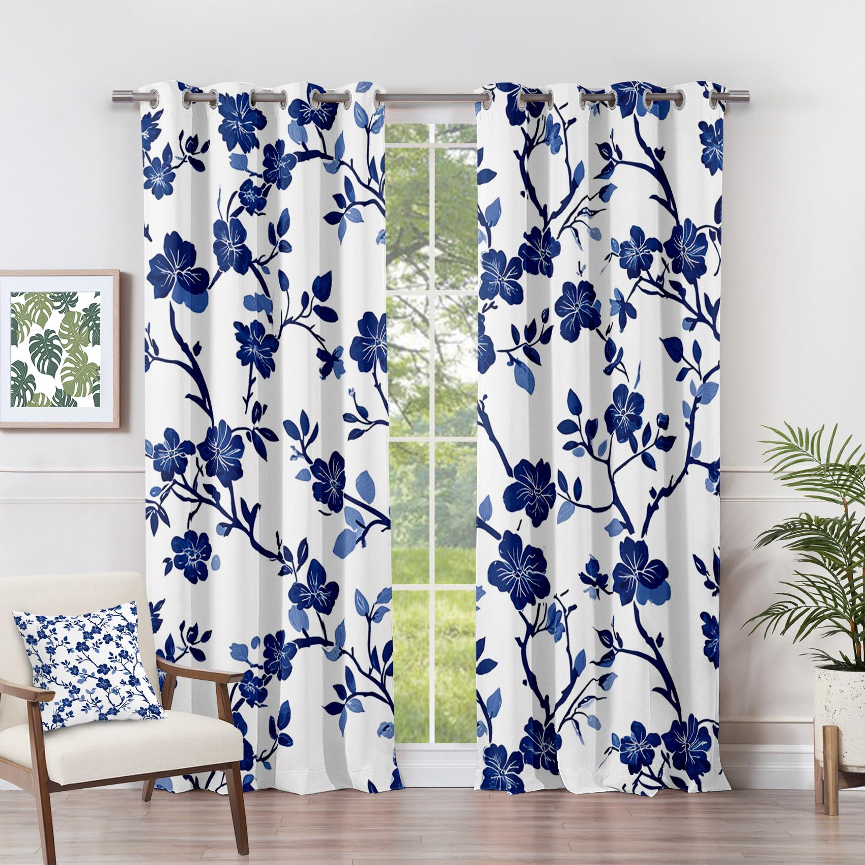 Rideau Occultant Floral - Rideau Thermique Motif Chinoiserie Fleurs Bleu, Rideaux Chambre Salon Fenetre, Lot de 2 Rideaux et Draperies Intérieurs à Oeillets, 140x260 cm (LxH) E#-187