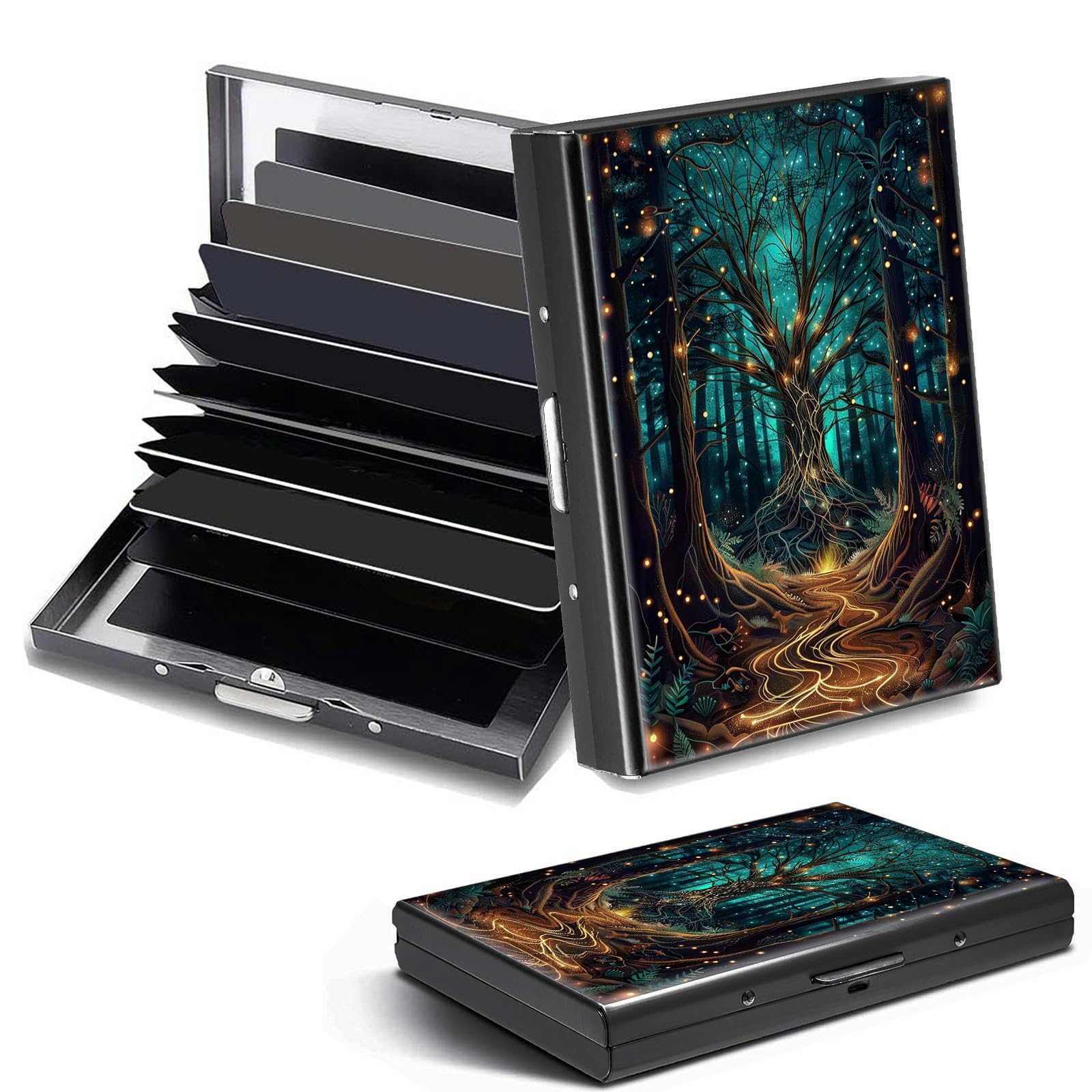 DHYYDSQZ Credit Card Holder, Forest Design Mini RFID Blocking Aluminum Wallet Slim Metal Hard Case Shell Travel Wallet ID Case Small Credit Cards Case Business Cards for Women Men Girls