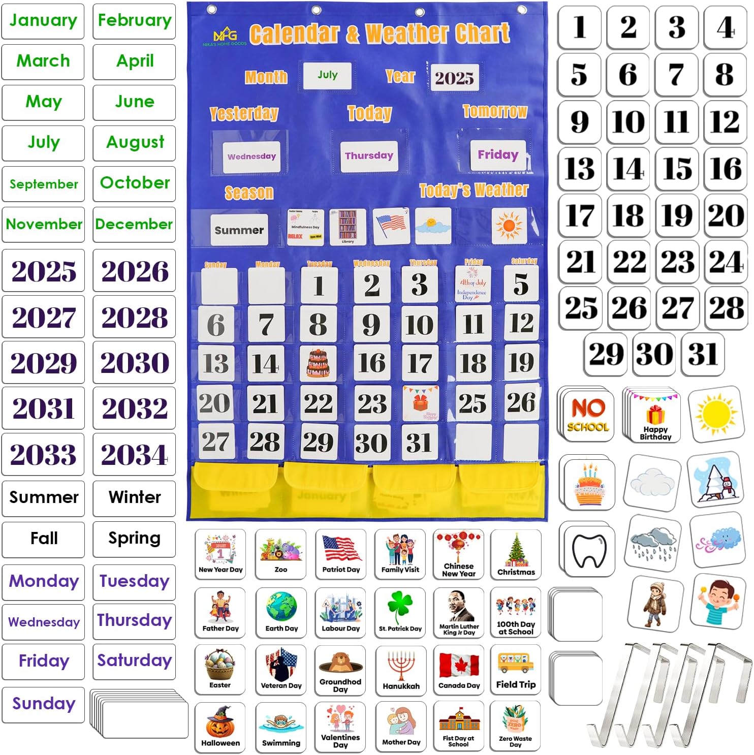 Pocket Chart for Classroom Calendar & Weather – 148 Learning Cards with Dates, Months & Holidays – 48 Pockets Durable Hanging Chart for Kids, Teachers, Preschool, Homeschool & Classroom Decor