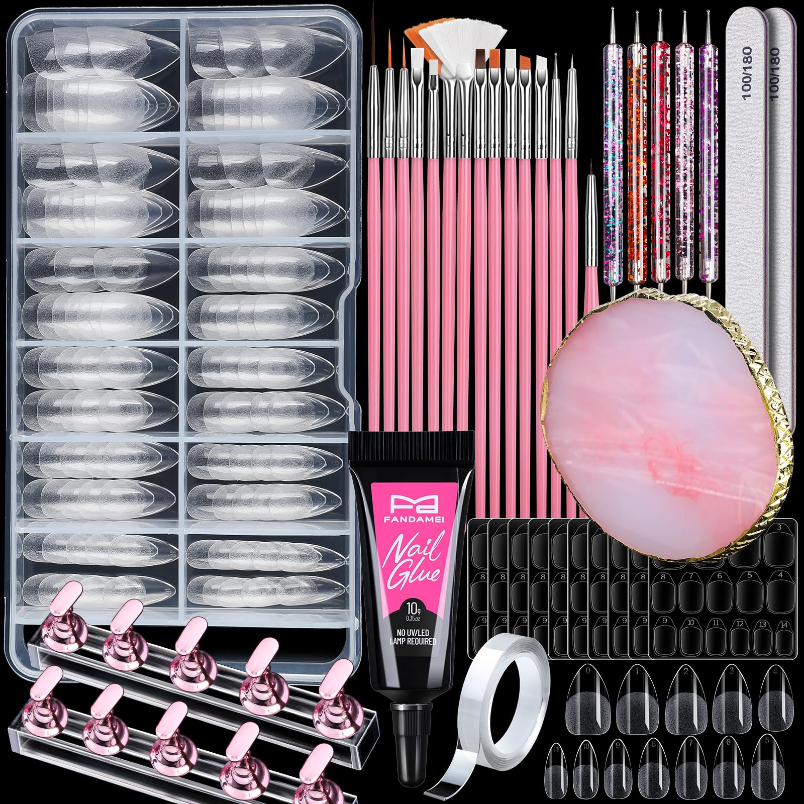 FANDAMEI Nail Art Kit, Nail Design Tools kit with Nail Brushes, Dotting tool, Mixing Palette, Nail Stand. Fake Nail Kits with Almond Gel Nail Tips, Nail Glue, Adhesive Tabs, Nail File. Manicure Set