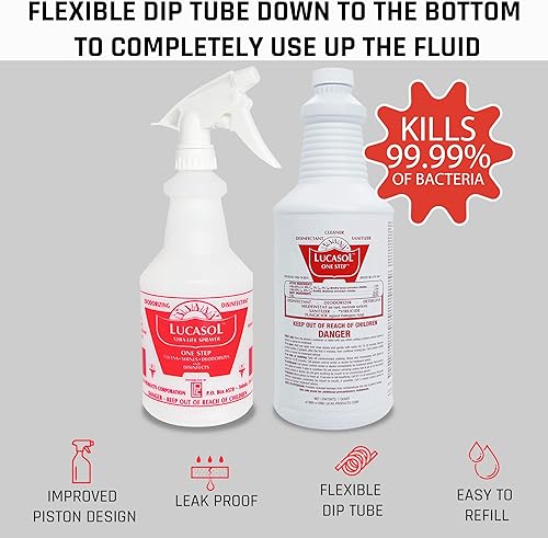 Miniatura 5 de Lucasol Desinfectante One Step, desinfectante de 32 onzas líquidas y botella de spray recargable vacía de 24 onzas. Spray desinfectante limpiador