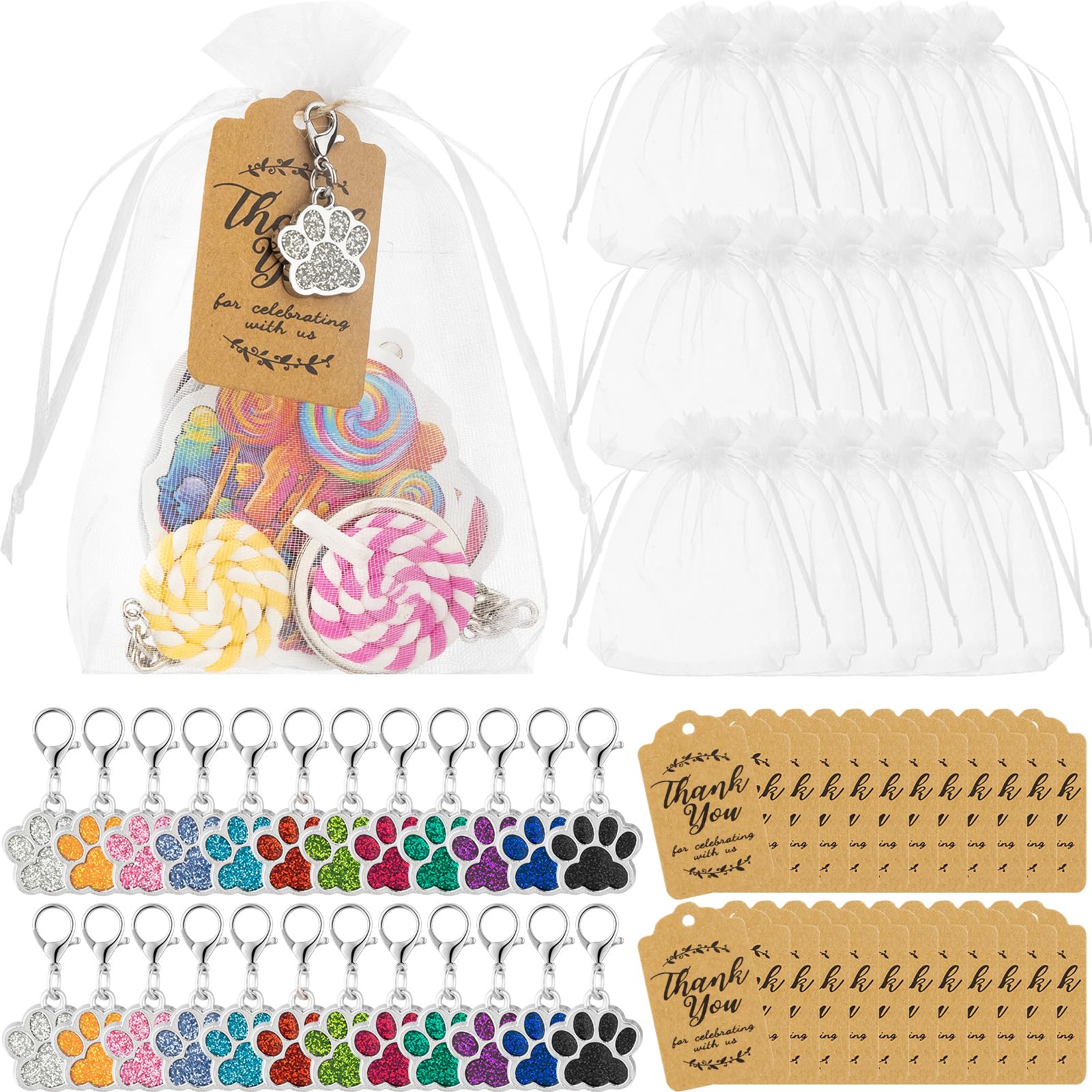 Dog Paw Party Favors Set Team Spirit Gifts Include Dog Keychain Organza Bags Thank You Kraft Tags Activity Decorations for Cheerleading Puppy Birthday Party Reward Supplies