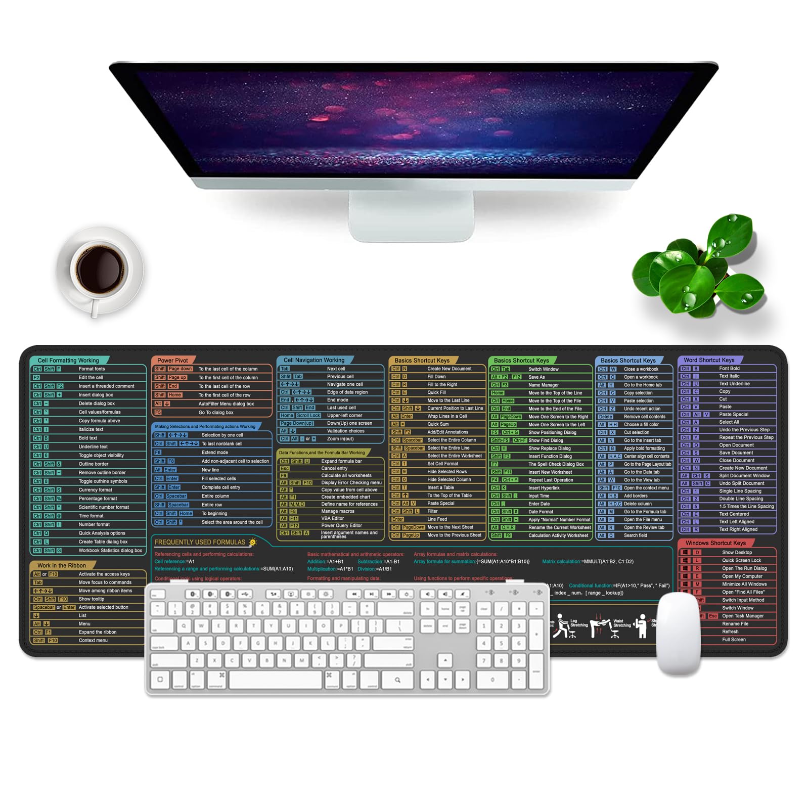Excel Shortcut Keys Mouse Pad Black Gaming Mouse Pad XL Desk Mat Cheat Sheet 31.5x11.8x0.12 inch Large Mouse Pad for Desk (Excel Shortcut Keys)