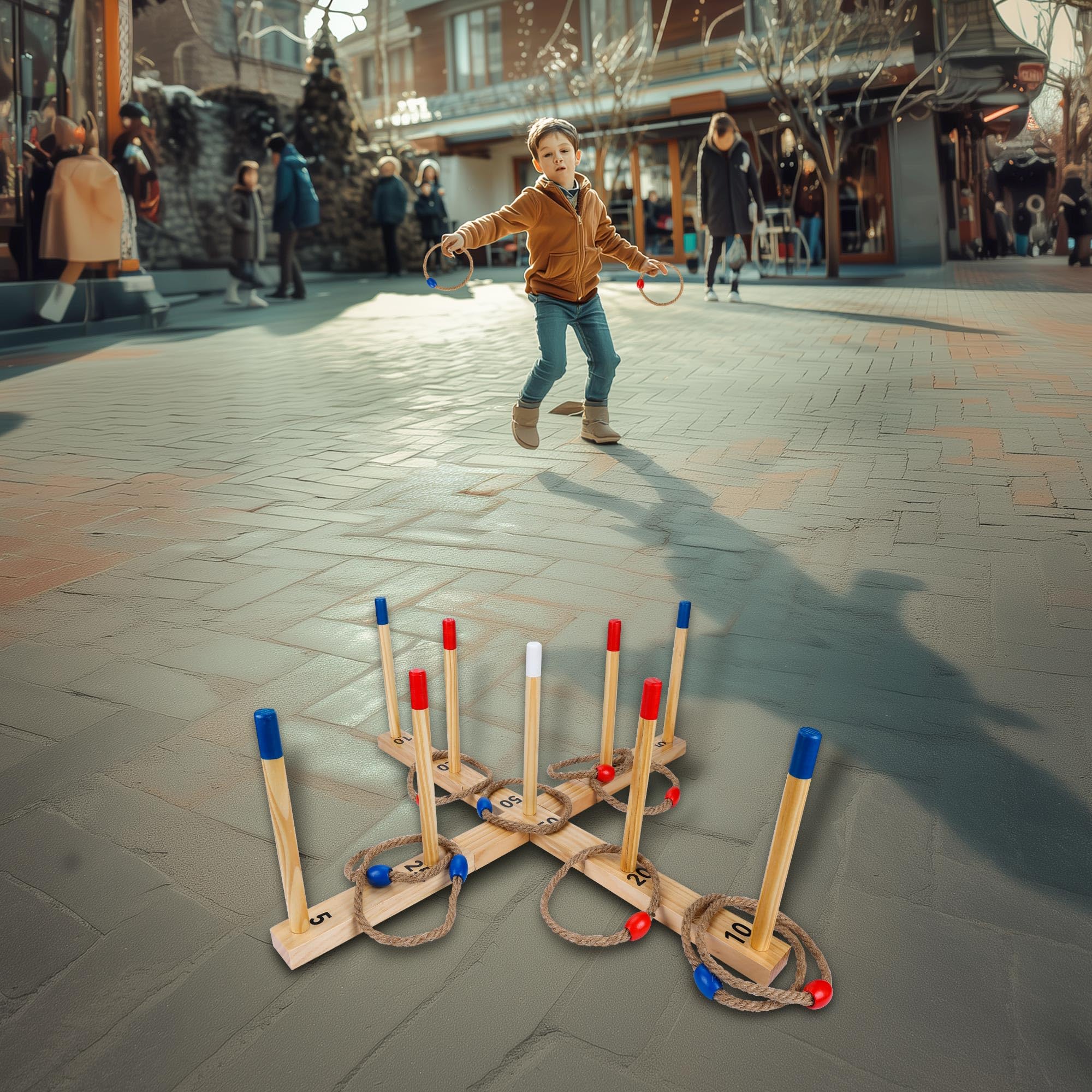 Extra großes Ringwurfspiel für Erwachsene und Kinder, 76,2 cm, Holzringwurfspiel, Outdoor-Spaß mit 9 Stangen, 10 Ringen und Tragetasche, einfach aufzubauen und kompakt zu tragen, tragbare Hofspiele