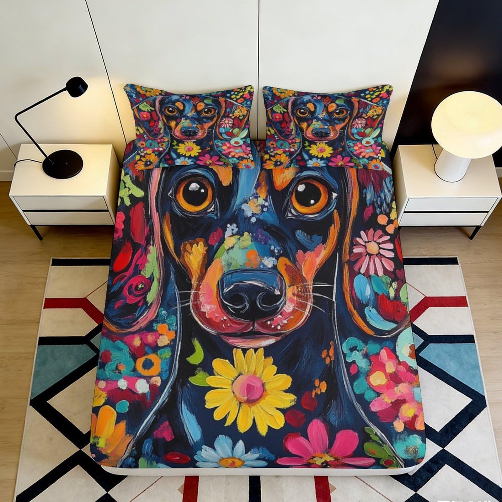 3D Printed Colorful Dachshund Fitted Sheet Microfiber Soft Mattress Cover Floral Dog Pattern for Bedroom Dorm Decor 180x200x25cm