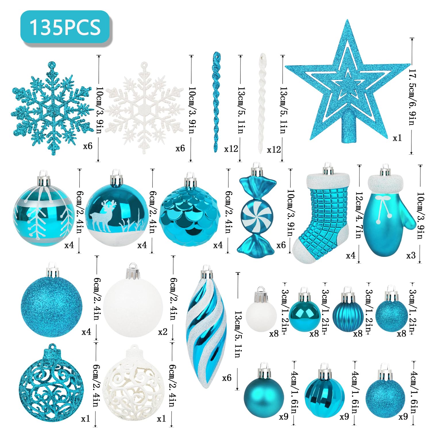Miaikoe Juego de 135 adornos de bolas de Navidad, de plástico inastillable, surtido de bolas de Navidad preatadas para colgar en el árbol de Navidad, festivales, fiestas, decoración de vacaciones