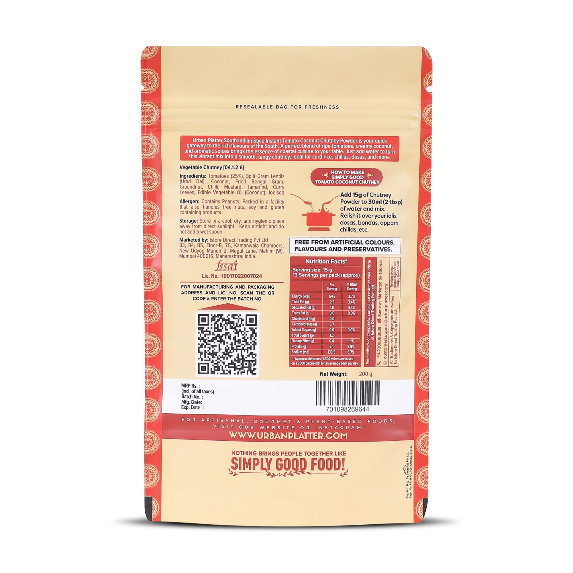 South Indian Style Instant Tomato Coconut Chutney Powder 200G / 7Oz [Nariyal Ki Chutney Just Water]
