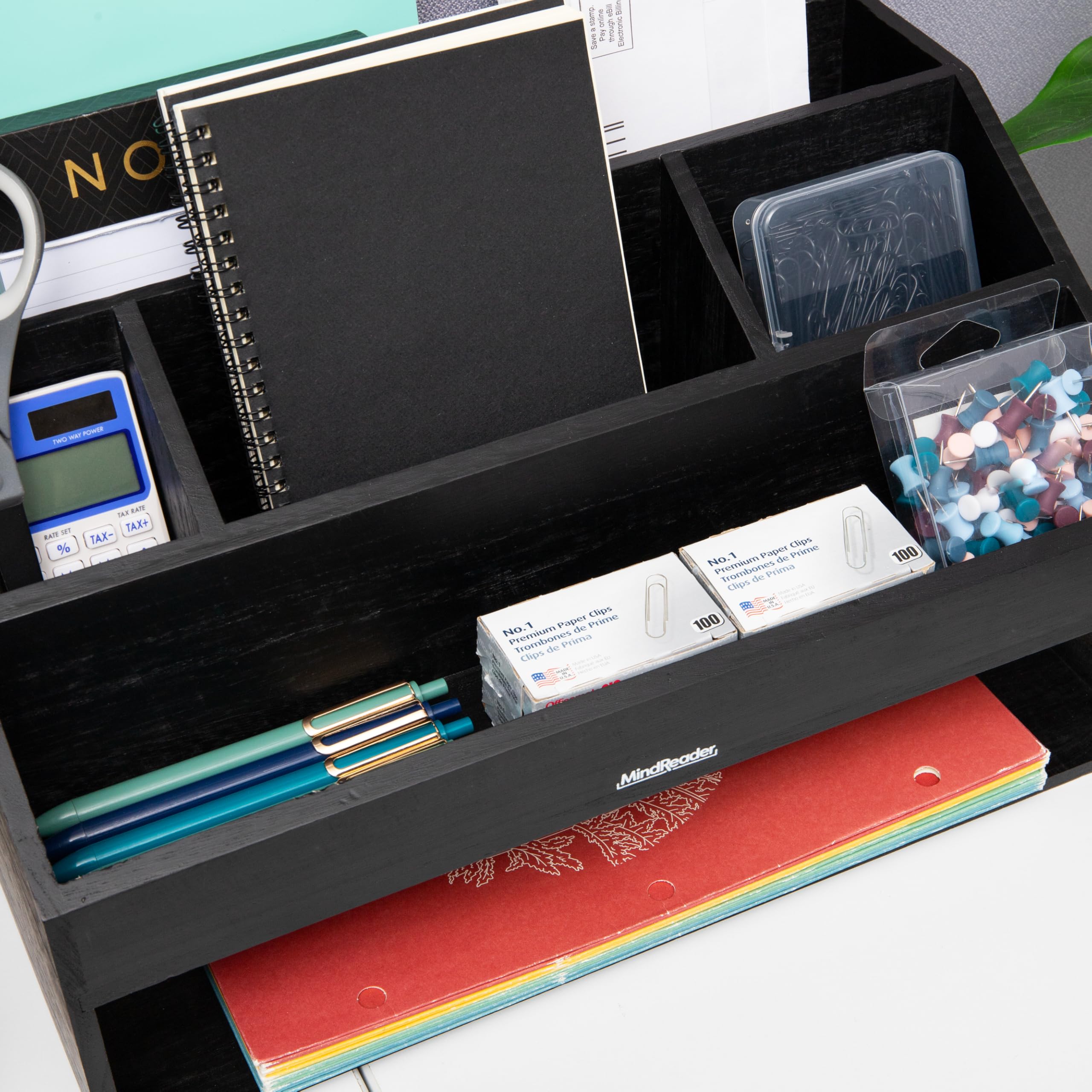 Mind Reader Organiseur de bureau, rangement de fichiers, support d'accessoires, gestion des cordons, bureau, bois, 41,3 x 24,1 x 21,6 cm (L x l x H), noir